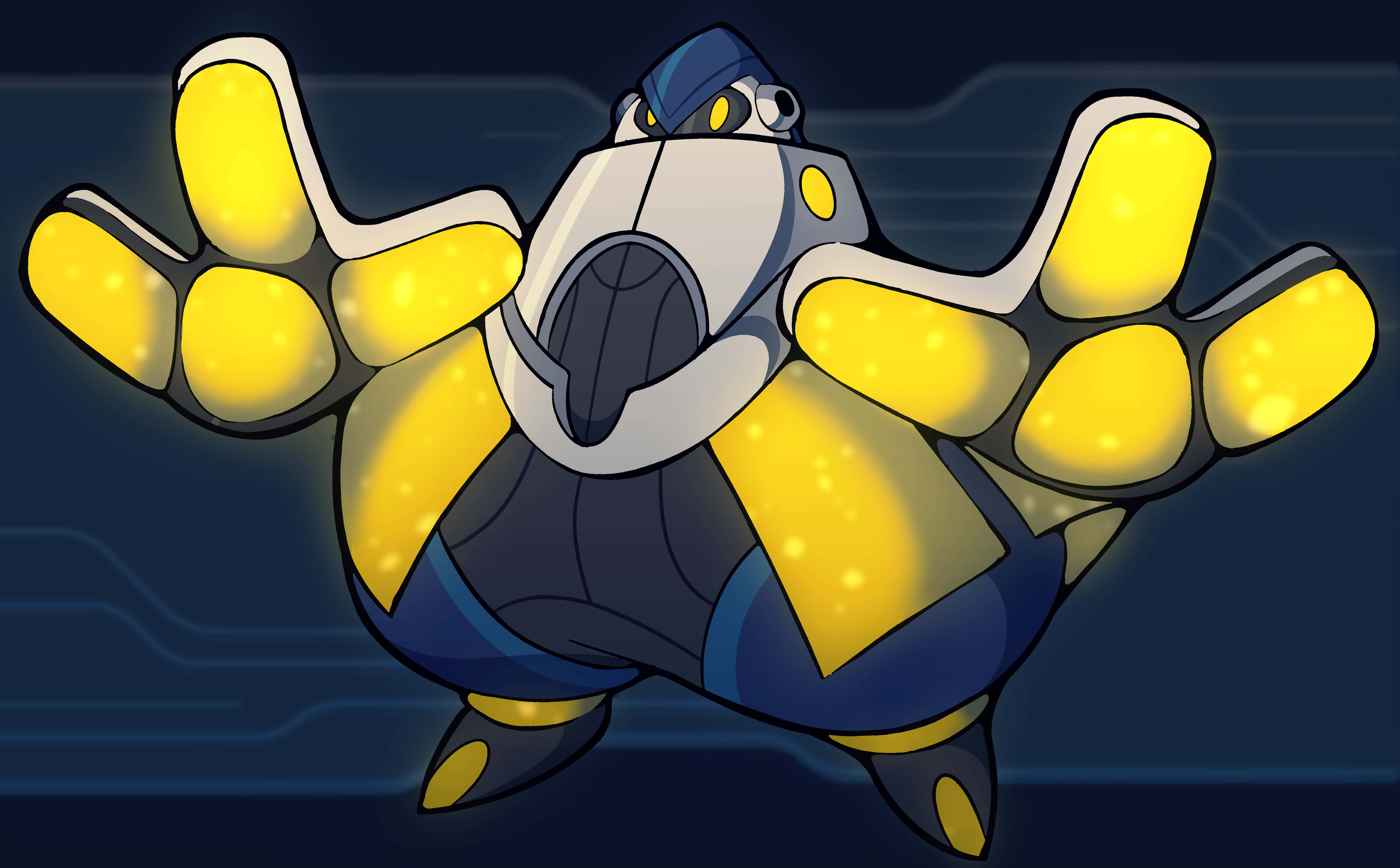 glowing yellow hands, glowing yellow feet, cartoon robot, 5K Desktop Wallpaper