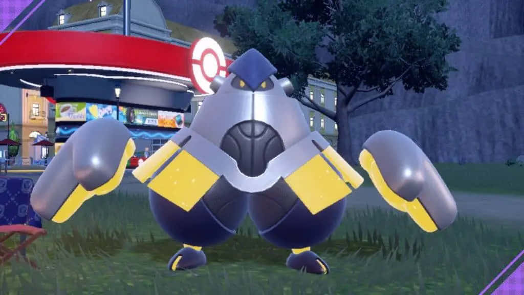 Standing Iron Hands, metallic robot Pokémon, yellow accents, SD Desktop Wallpaper