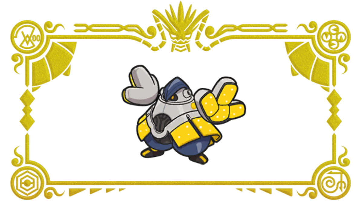 Iron Hands, yellow and blue armor, ornate golden frame, SD Desktop Wallpaper