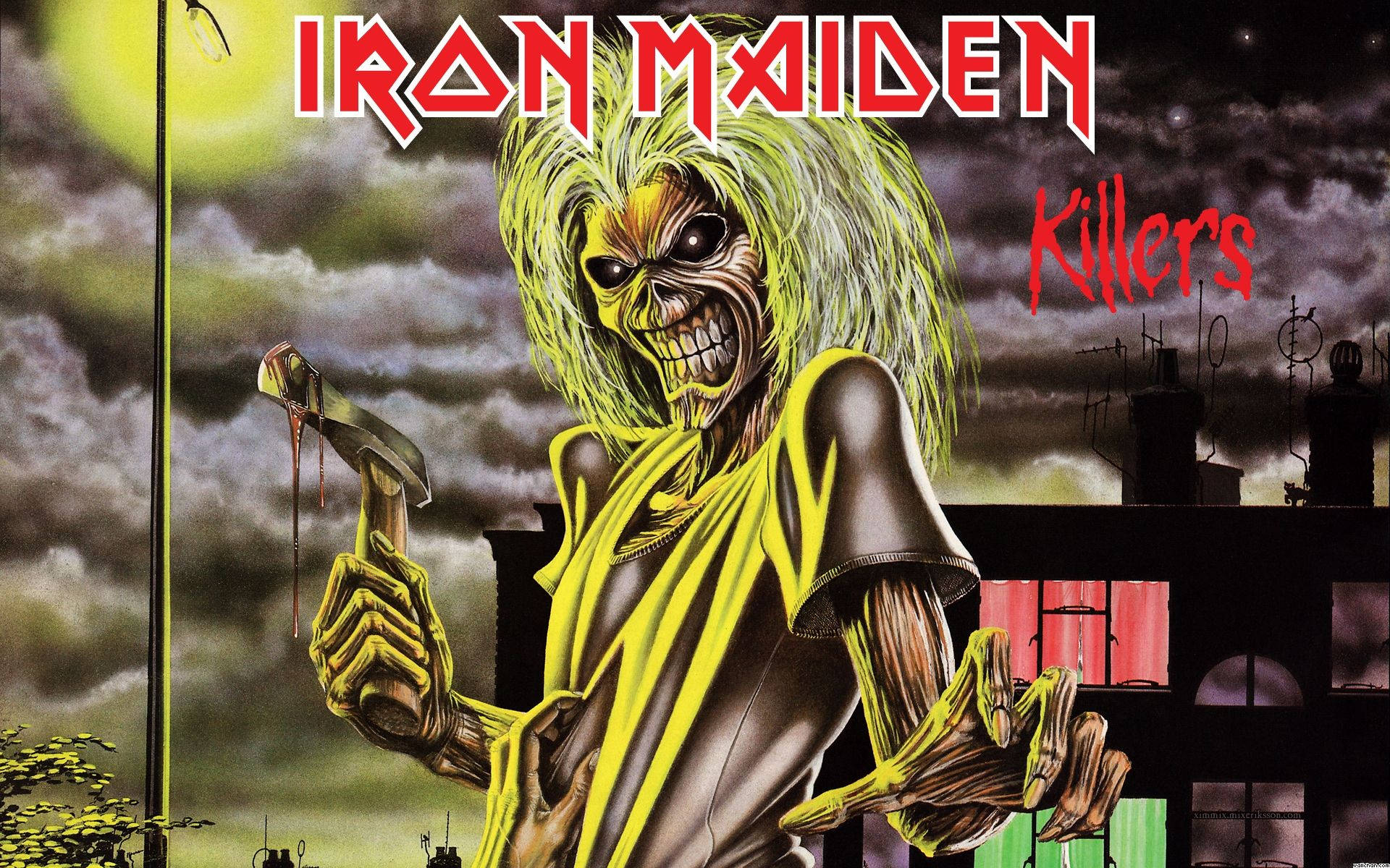 Iron Maiden, green-haired skeleton, yellow shirt, Full HD Desktop Wallpaper