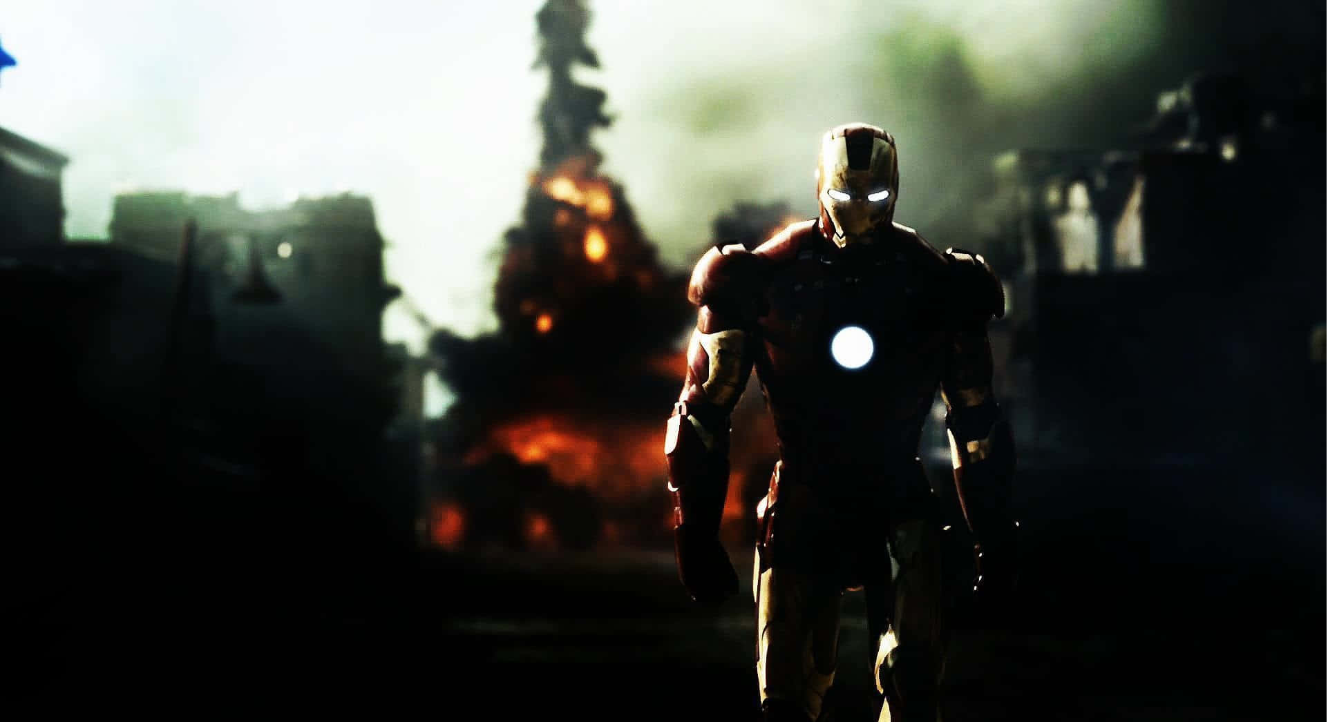 Iron Man, smoky ruined cityscape, fiery explosions, Full HD Desktop Wallpaper