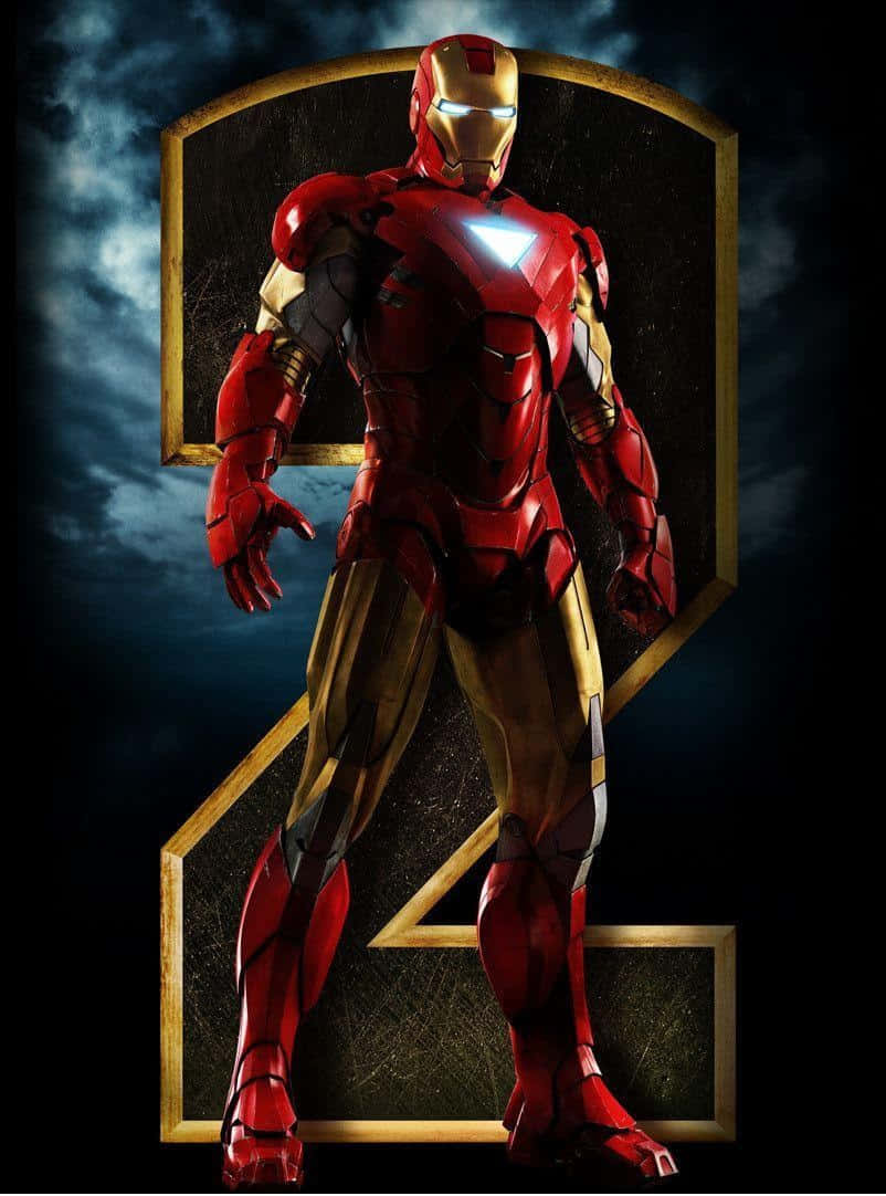 Iron Man, red and gold armor, golden number two frame, SD Phone Wallpaper