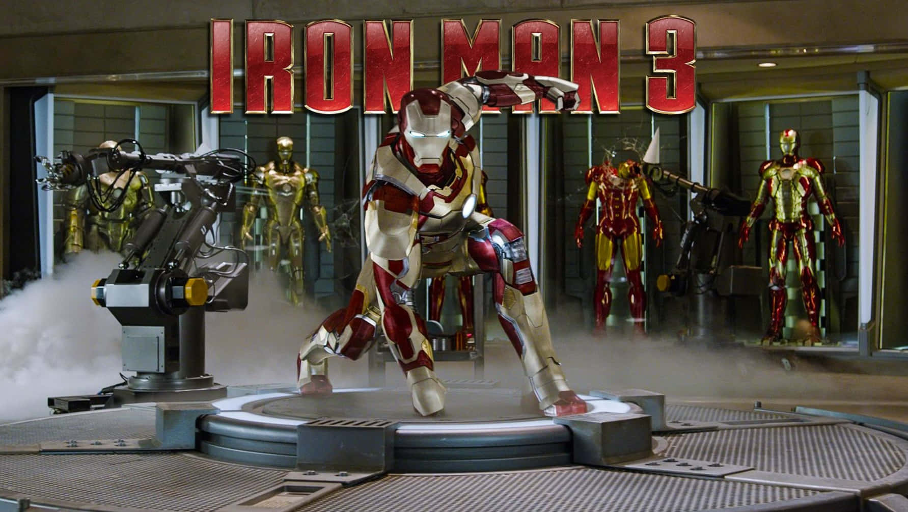 Iron Man 3, red gold armor, circular platform, HD Desktop Wallpaper