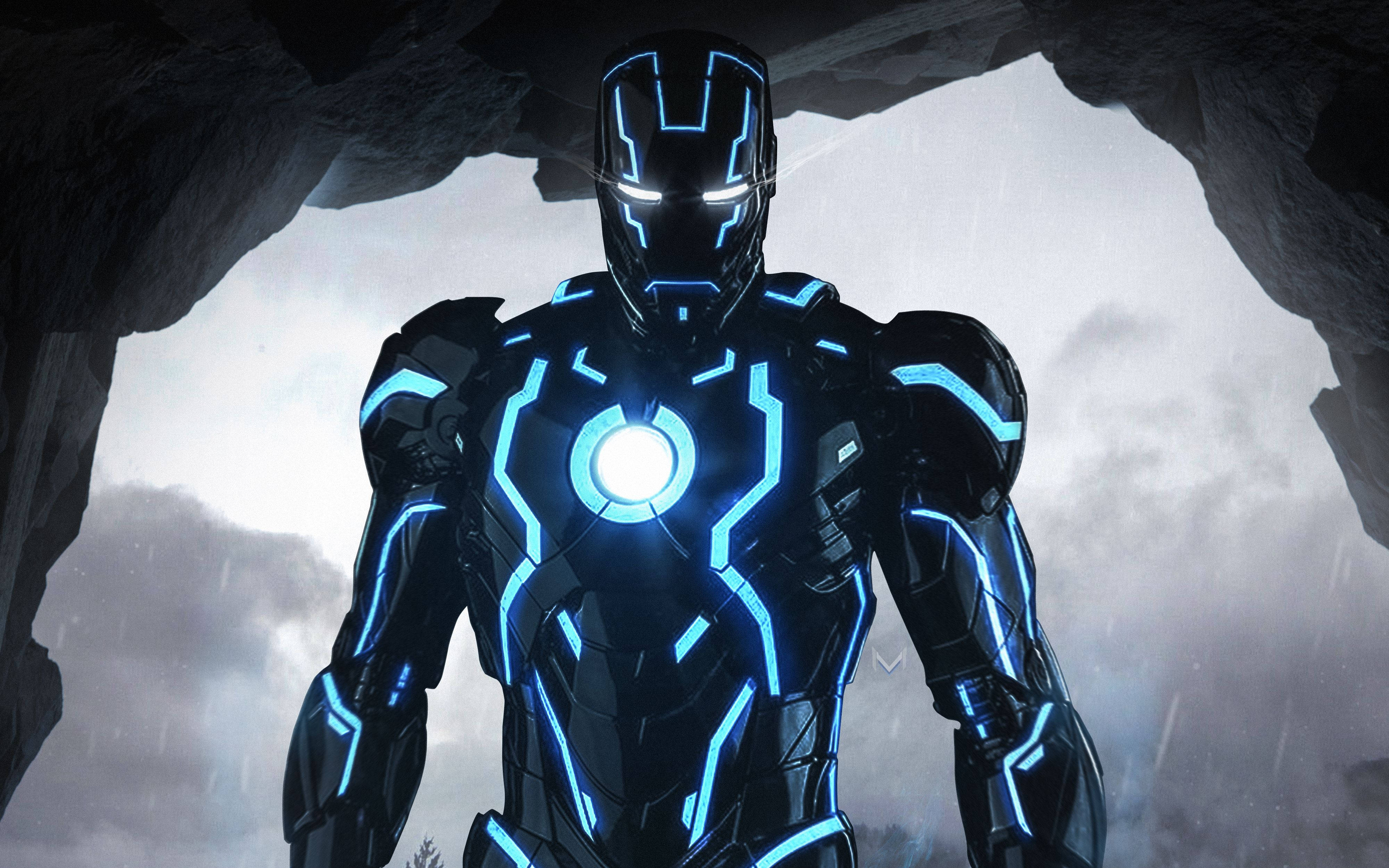 Iron Man, neon blue, black body, 4K Desktop Wallpaper