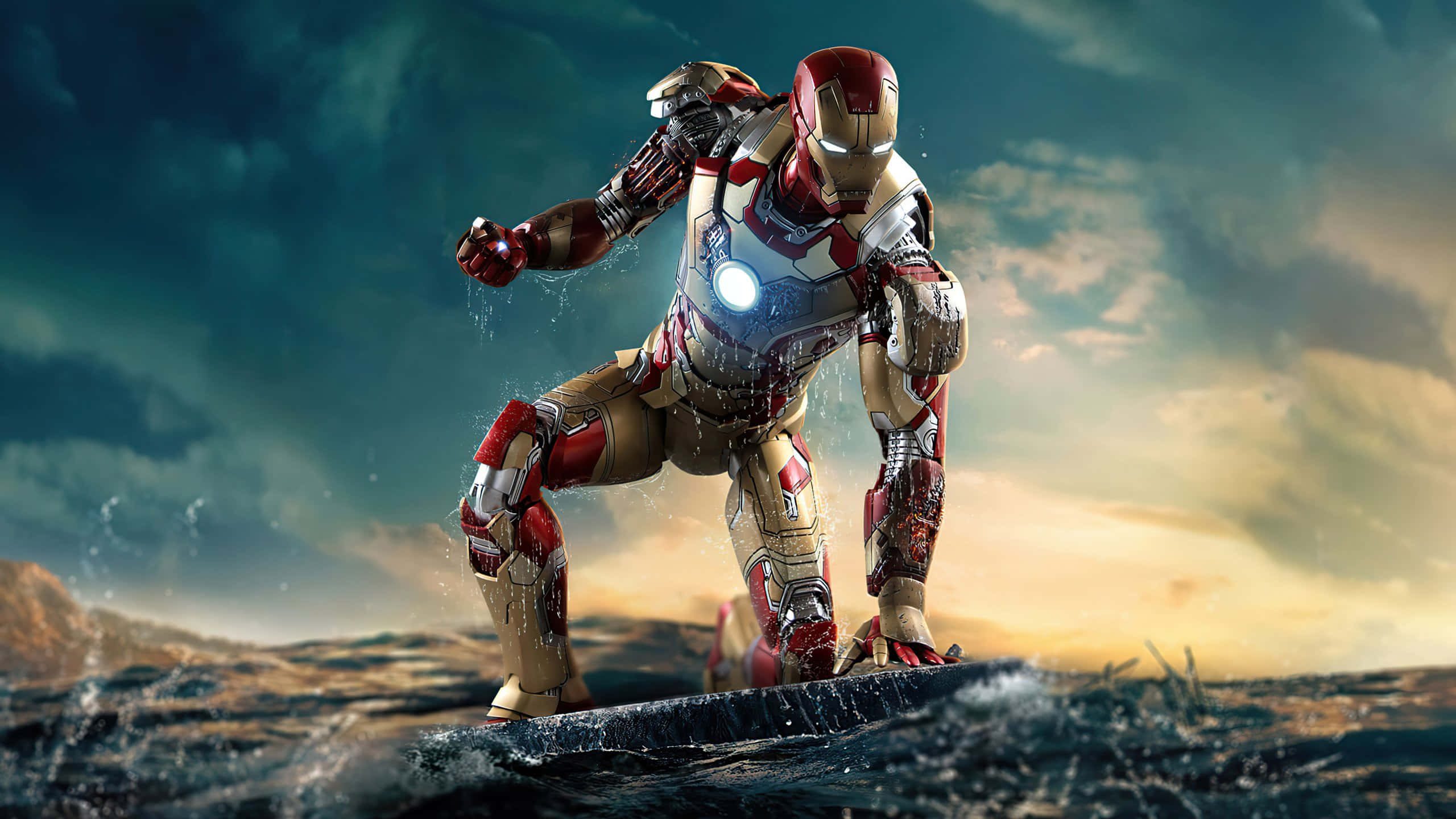 Iron Man, red gold armor, wet surface, 2K Desktop Wallpaper