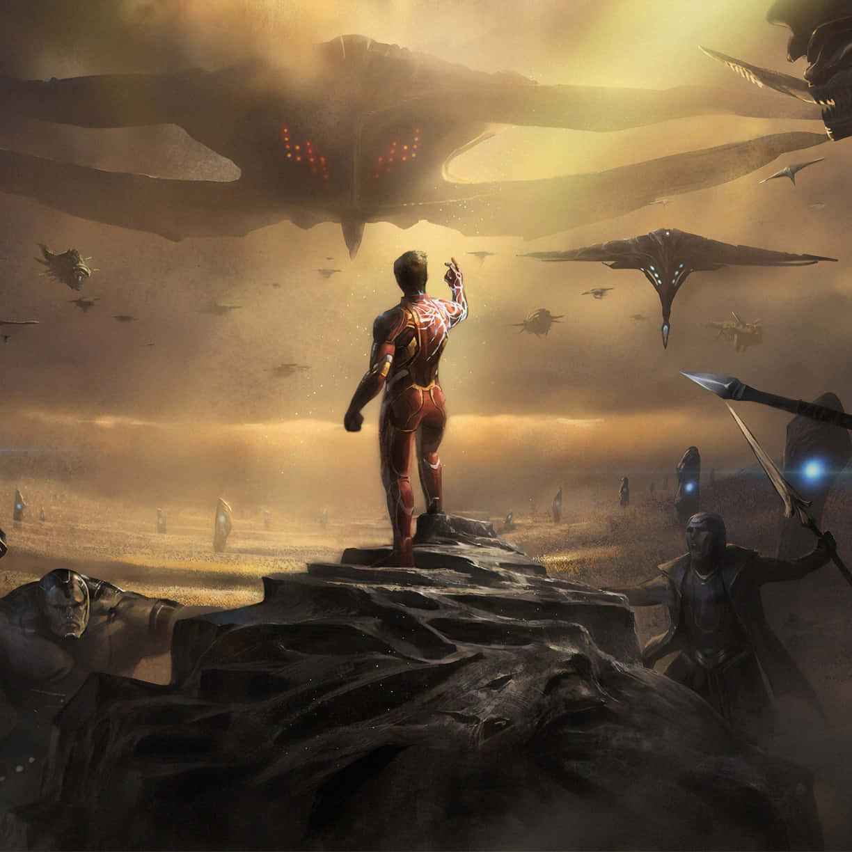 Iron Man, alien warship, flying vessels, SD Desktop Wallpaper