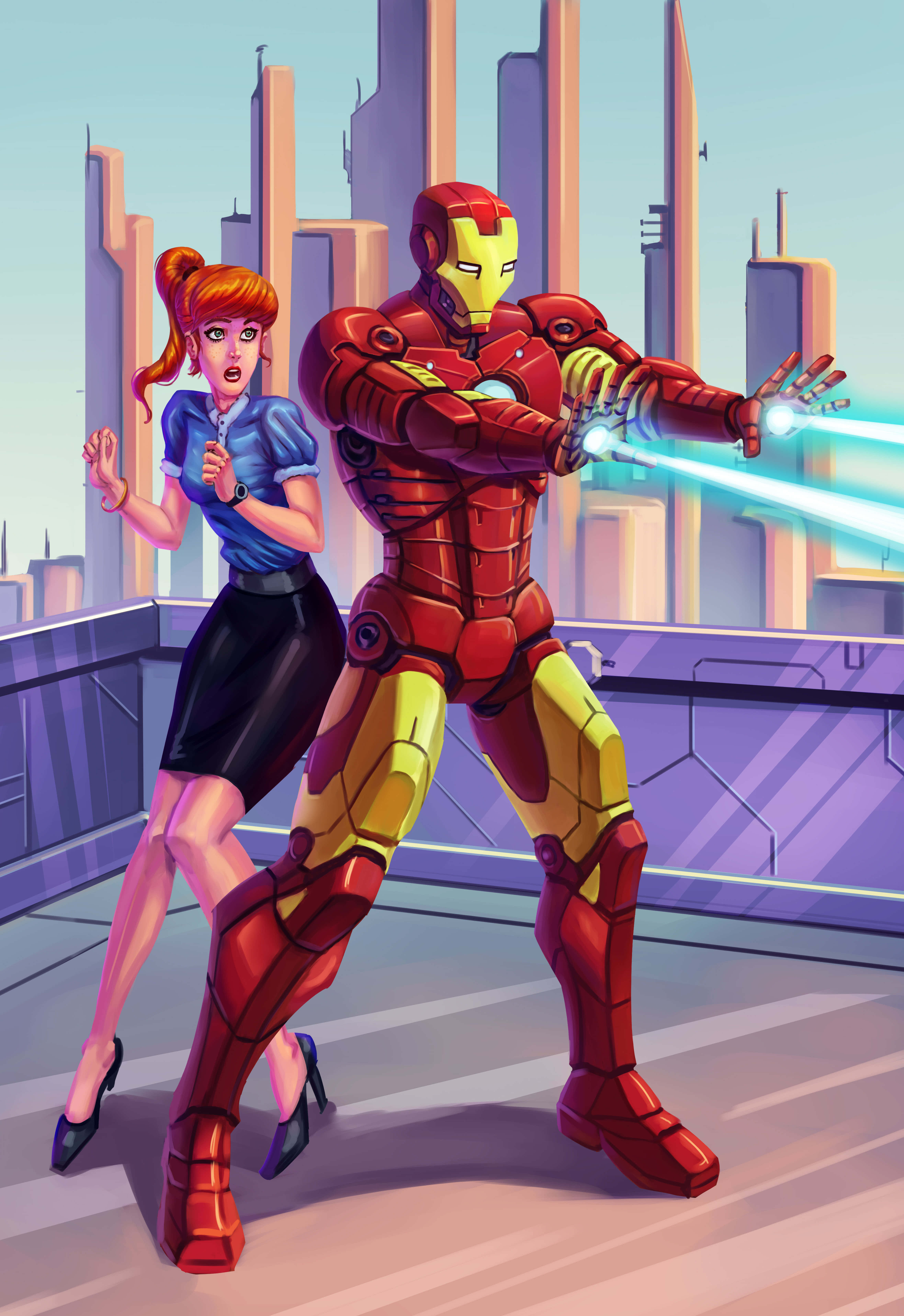 Iron Man, red and gold armored superhero, futuristic city rooftop, 5K Phone Wallpaper