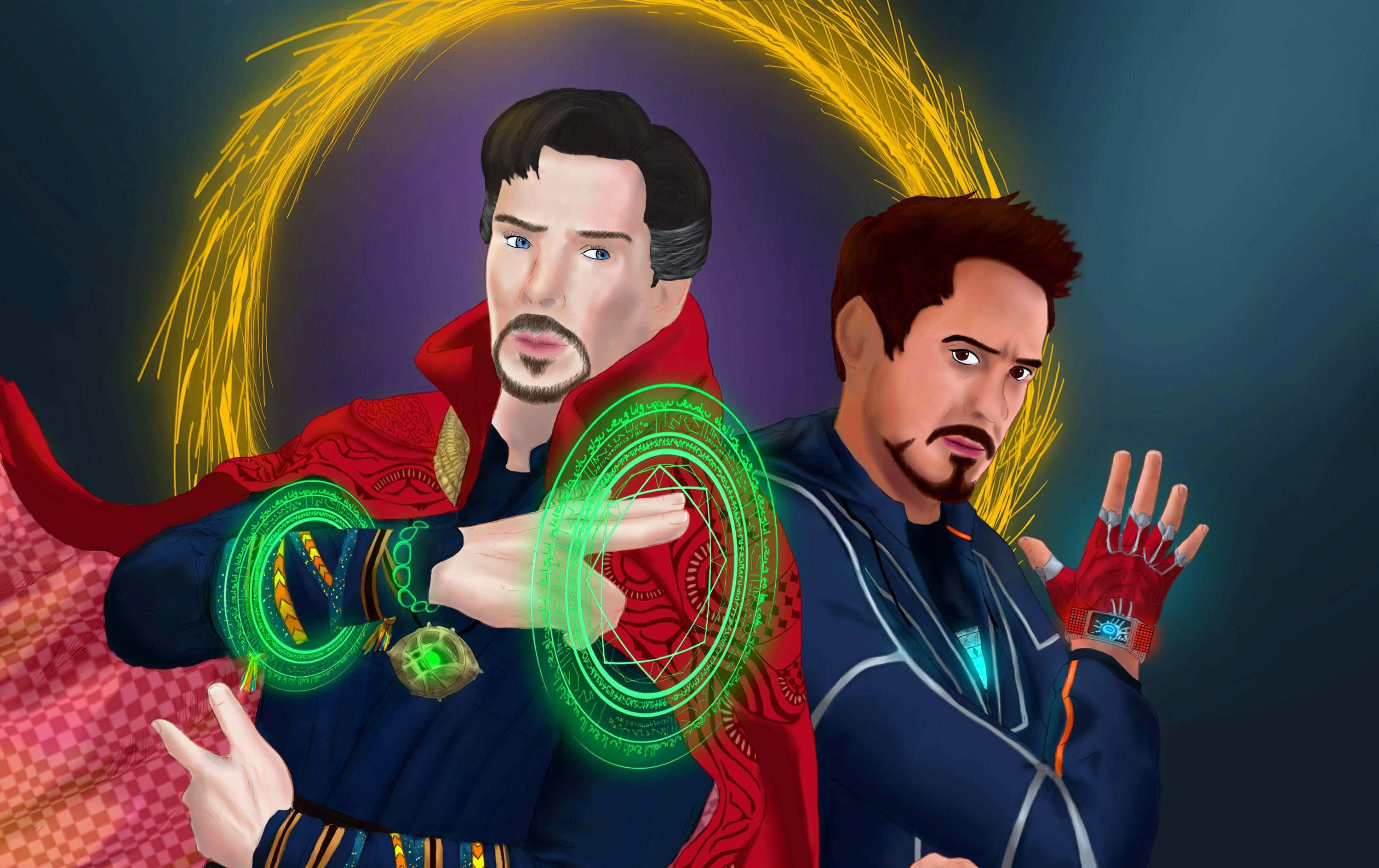 Iron Man, Doctor Strange, glowing mystical and tech energy rings, 2K Desktop Wallpaper