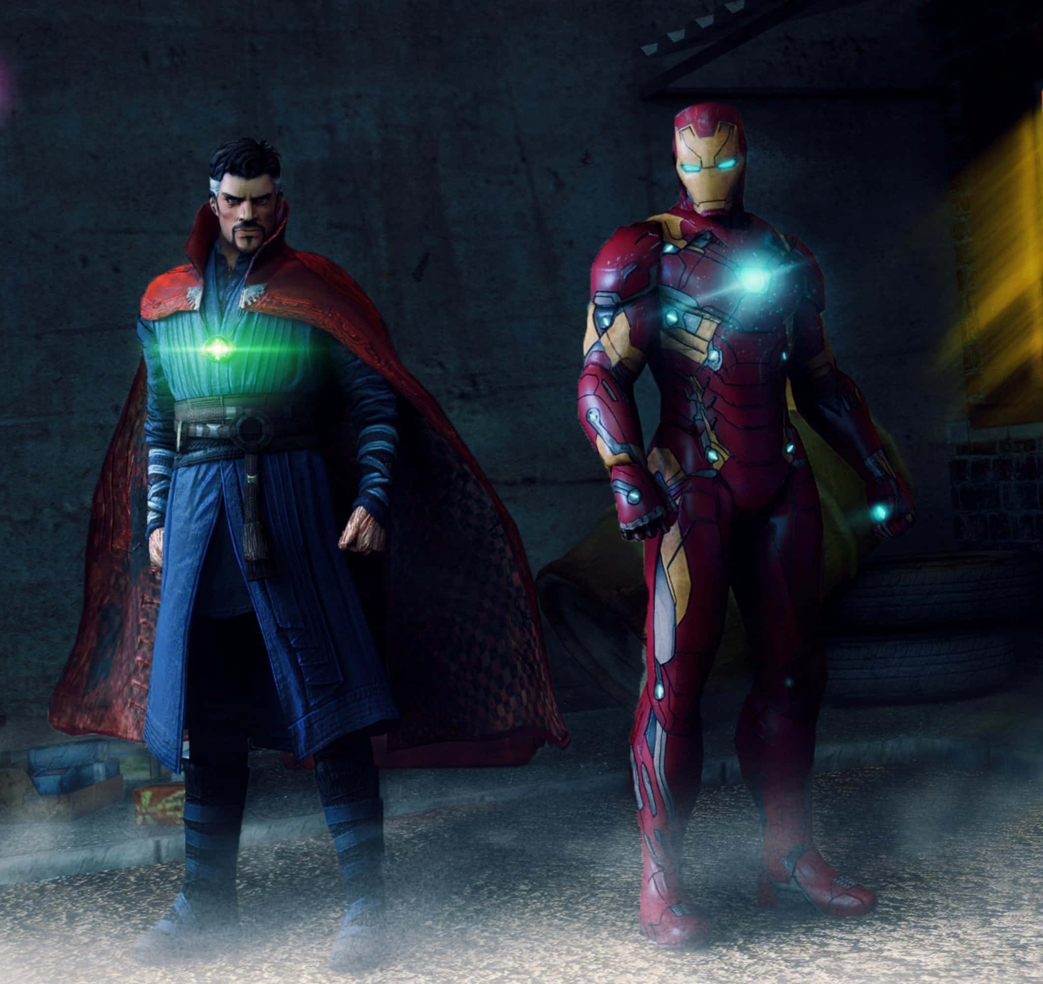 Iron Man, Doctor Strange, dim garage, Full HD Desktop Wallpaper