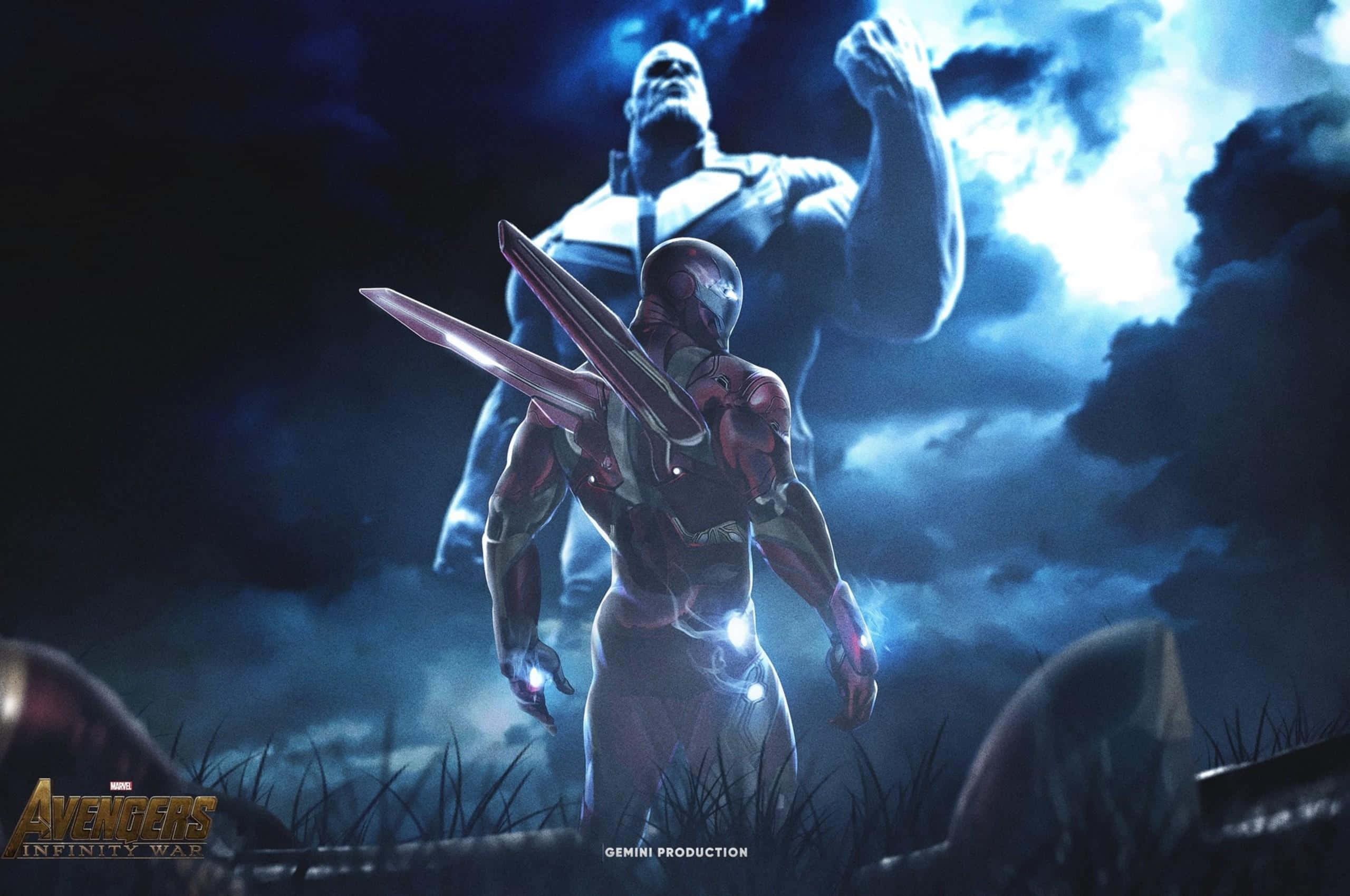 Iron Man, Thanos, stormy field, 2K Desktop Wallpaper