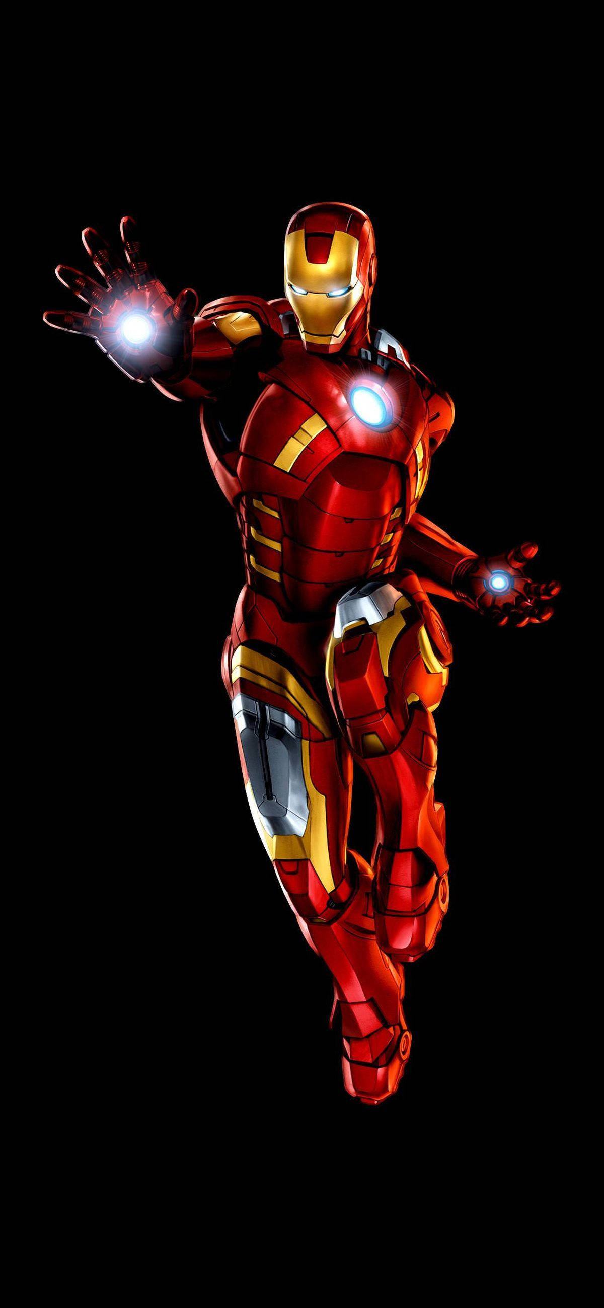 Iron Man, red and gold armor, glowing repulsors, 2K Phone Wallpaper