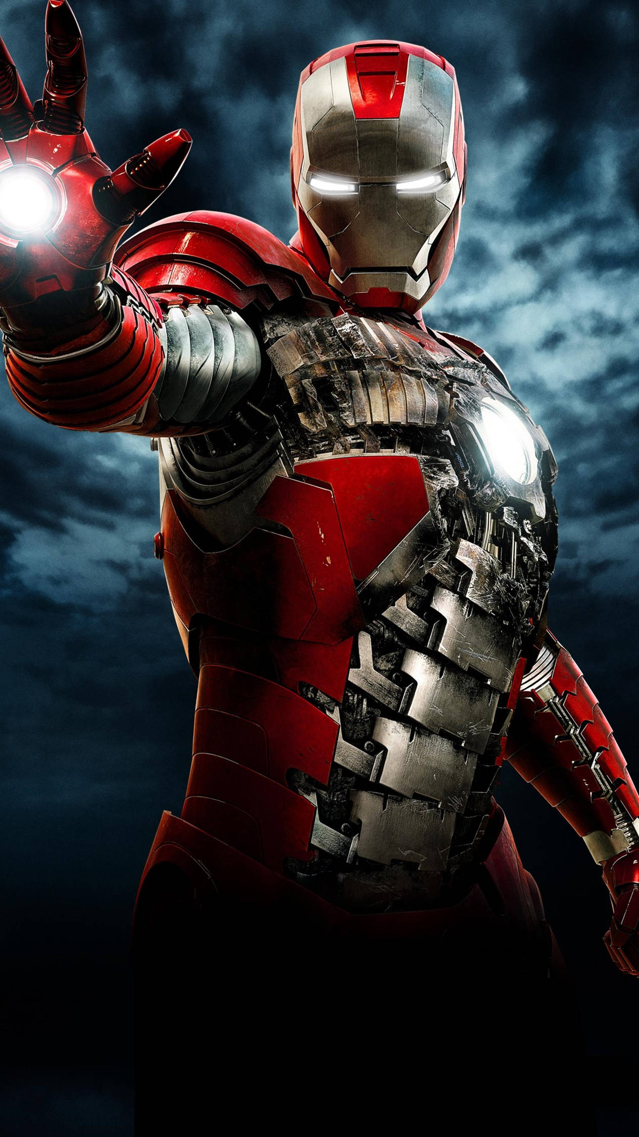 Iron Man, red and gold armor, glowing repulsor hand, Full HD Phone Wallpaper