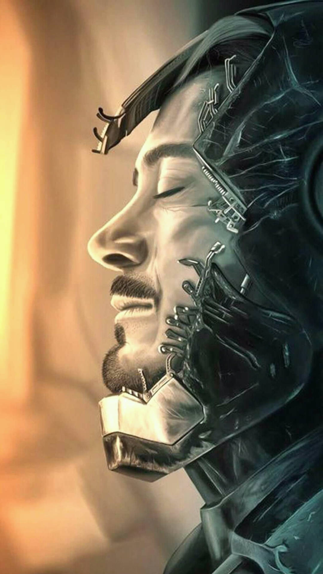 Iron Man Android, glowing mechanical parts, warm golden light, Full HD Phone Wallpaper