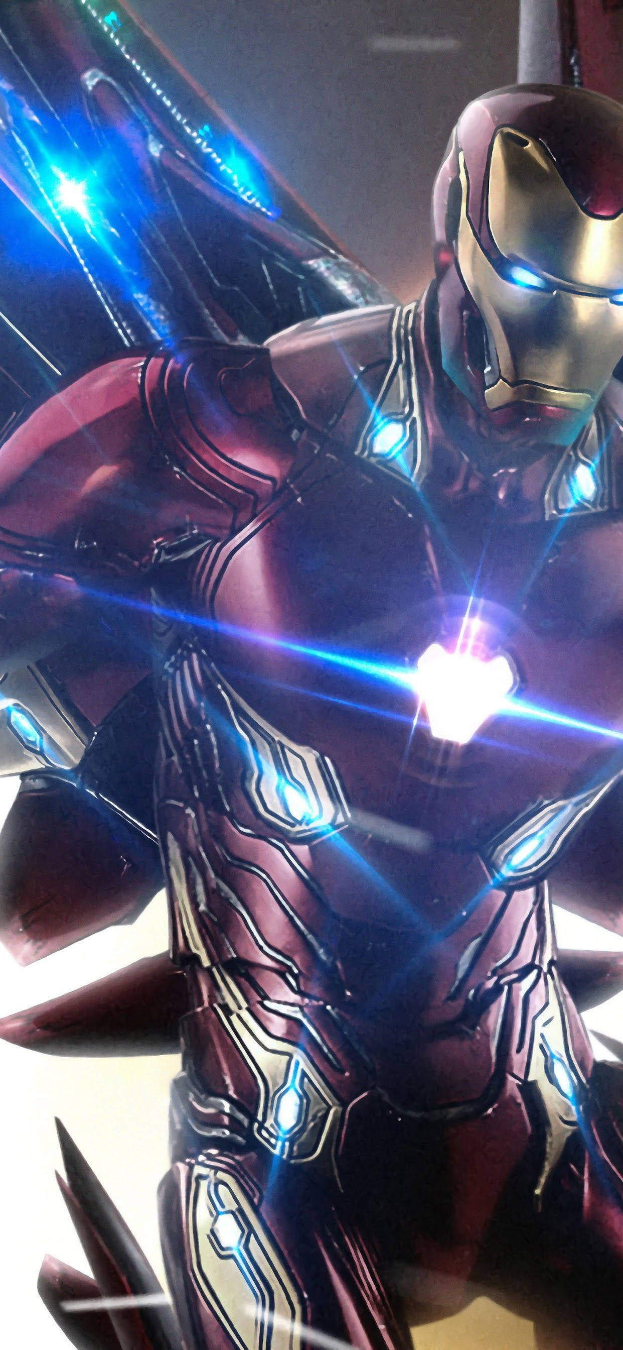 Iron Man Android, red and gold armor, glowing blue lights, 2K Phone Wallpaper