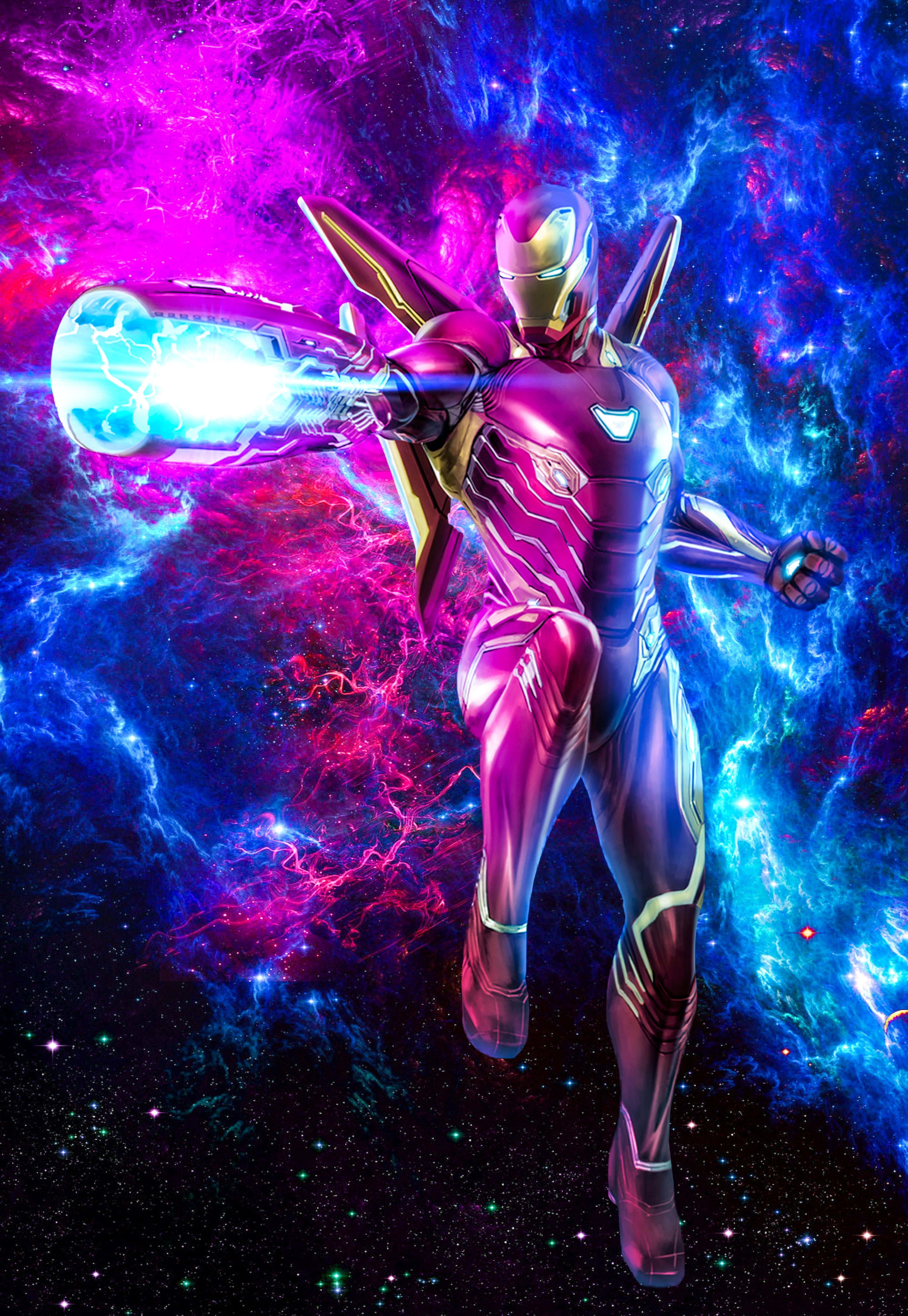 Iron Man, Cosmic Armor, glowing blue repulsor blast, 5K Phone Wallpaper