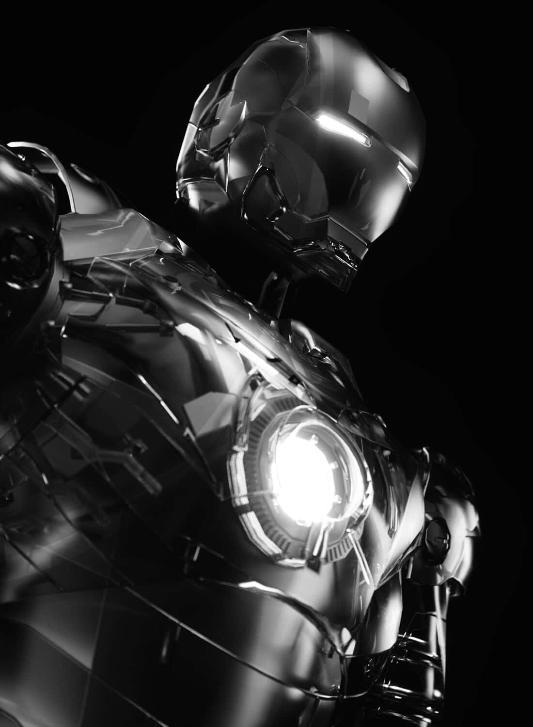 Iron Man, black and white, glowing chest arc reactor, HD Phone Wallpaper