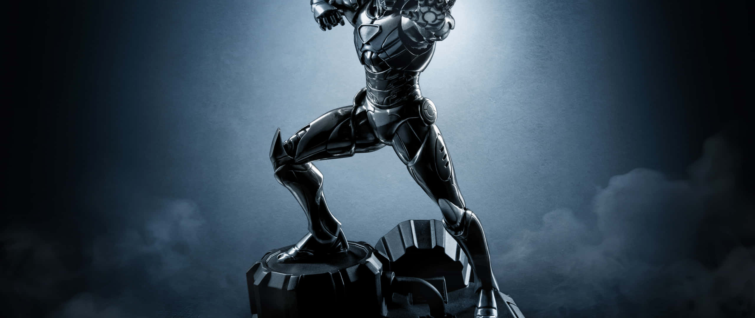 Iron Man, black armored figure, jagged pedestal, 2K Desktop Wallpaper