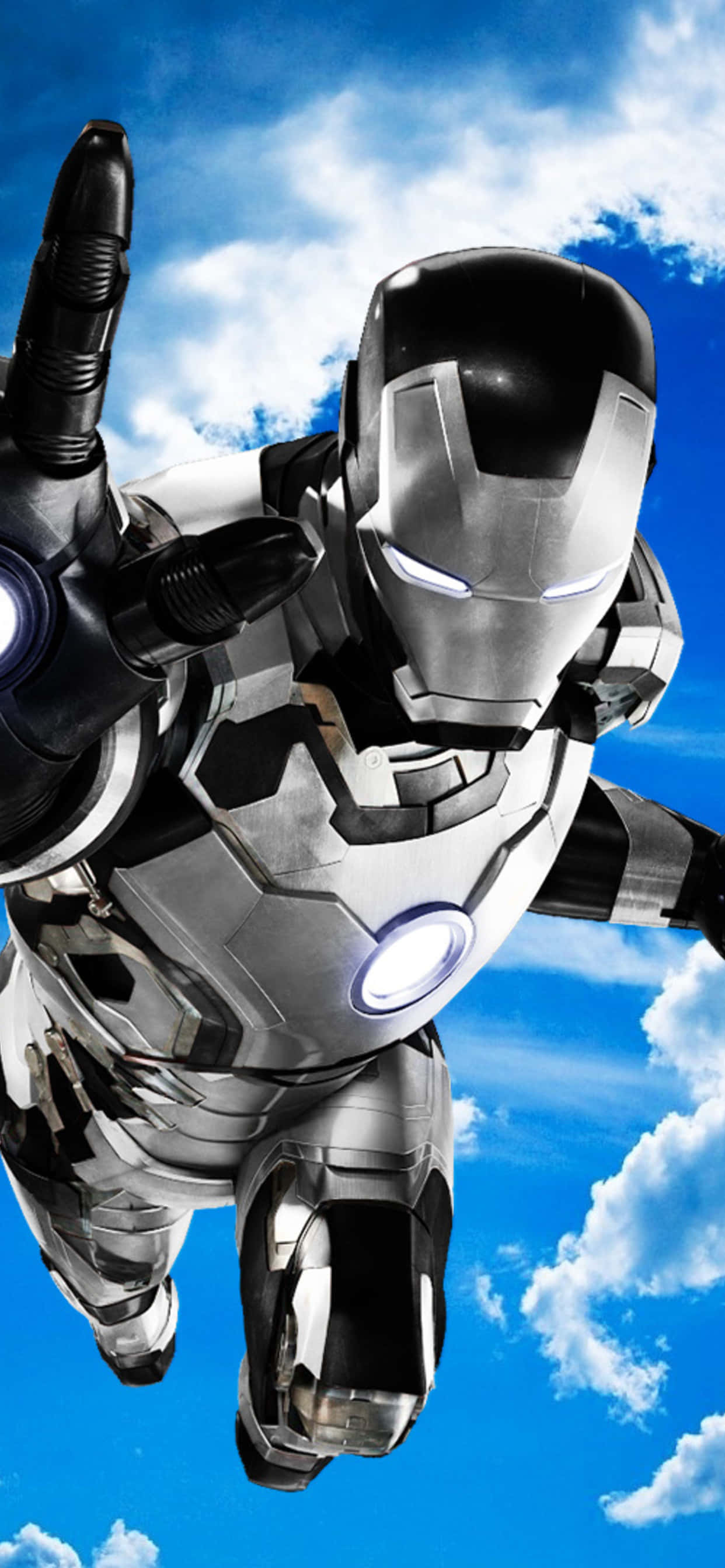 Iron Man, black and white, repulsors glowing, 2K Phone Wallpaper
