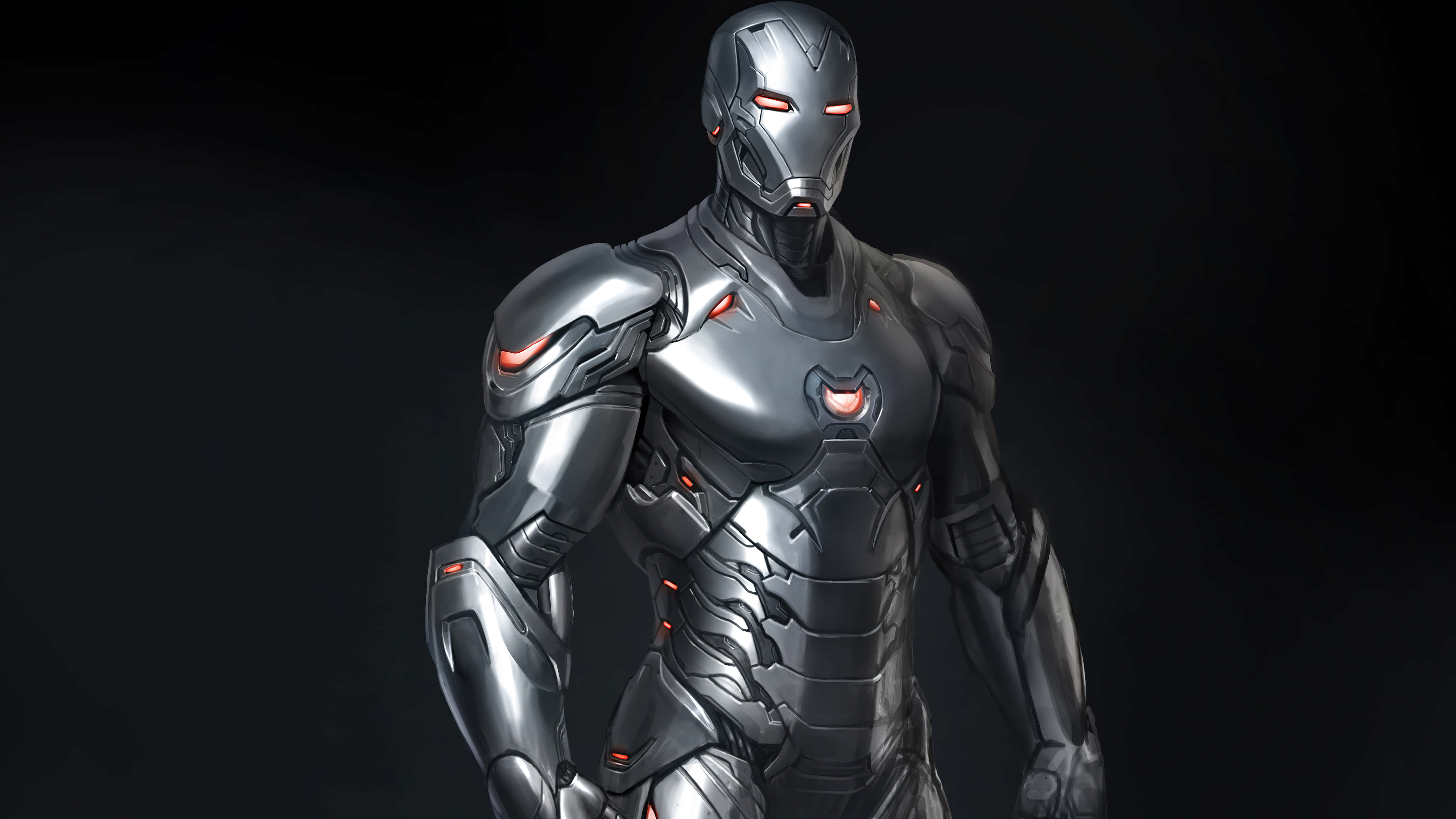 Iron Man, silver armored, glowing red eyes, 5K Desktop Wallpaper