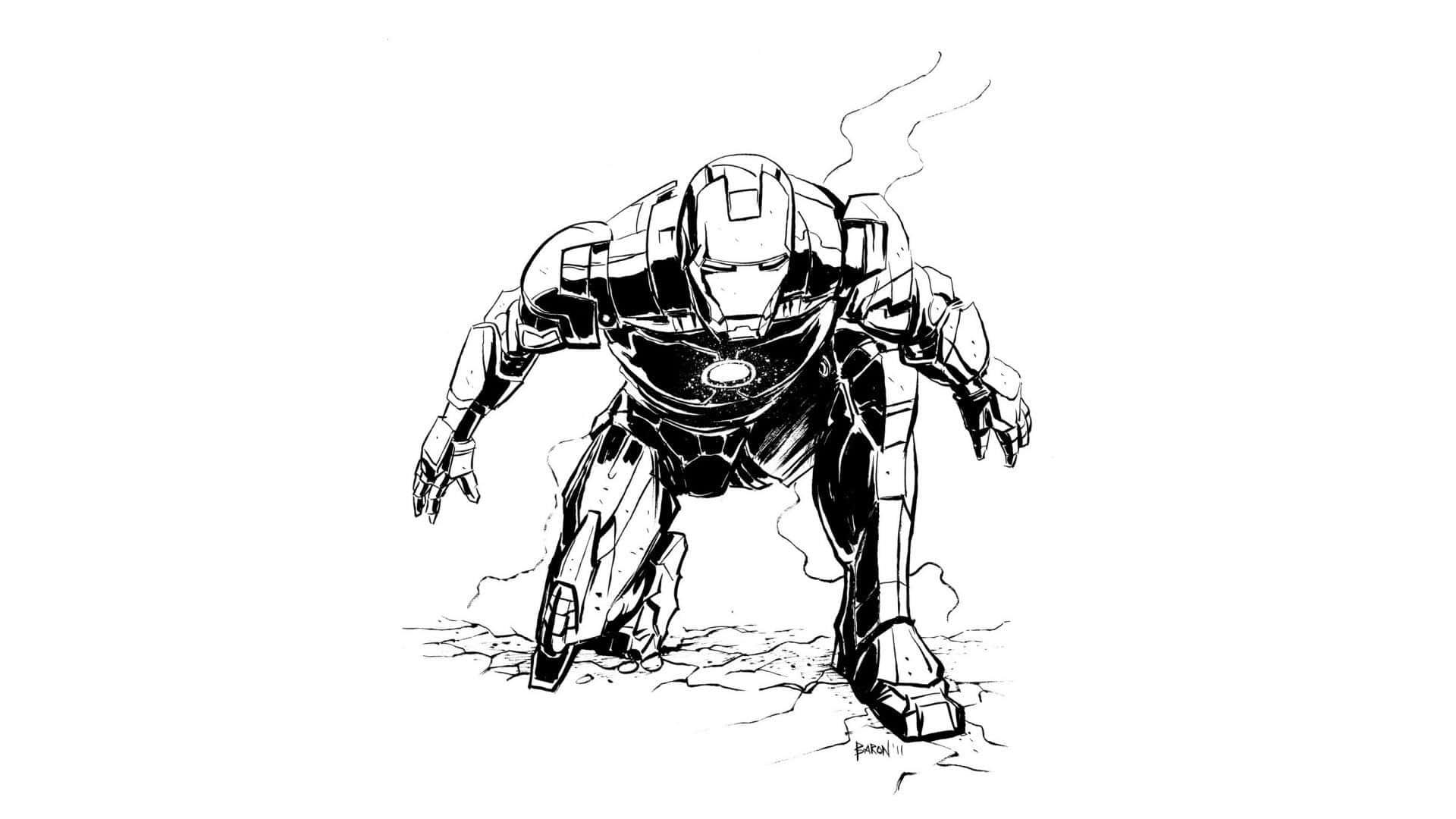 Iron Man, black and white line art sketch, smoke rising from his boots, Full HD Desktop Wallpaper