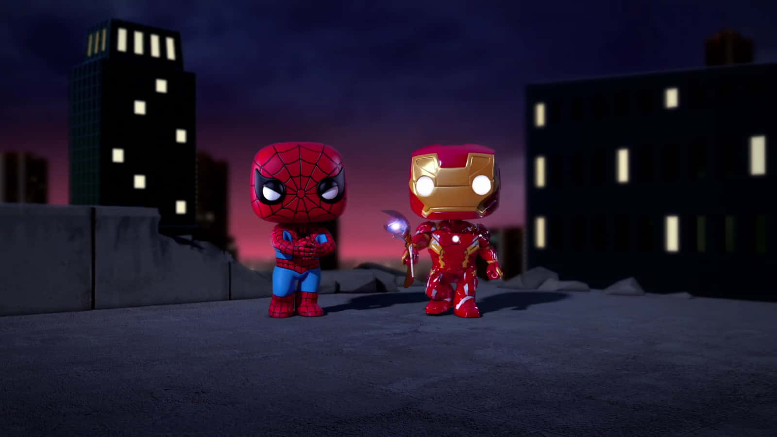 Iron Man Bobbleheads, chibi-style superhero figures, rooftop, HD Desktop Wallpaper