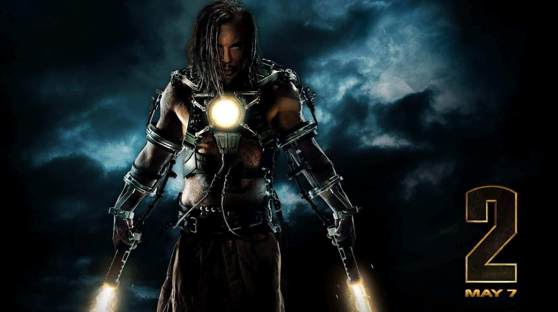 Iron Man, glowing mechanical armor, dark stormy sky, Full HD Desktop Wallpaper