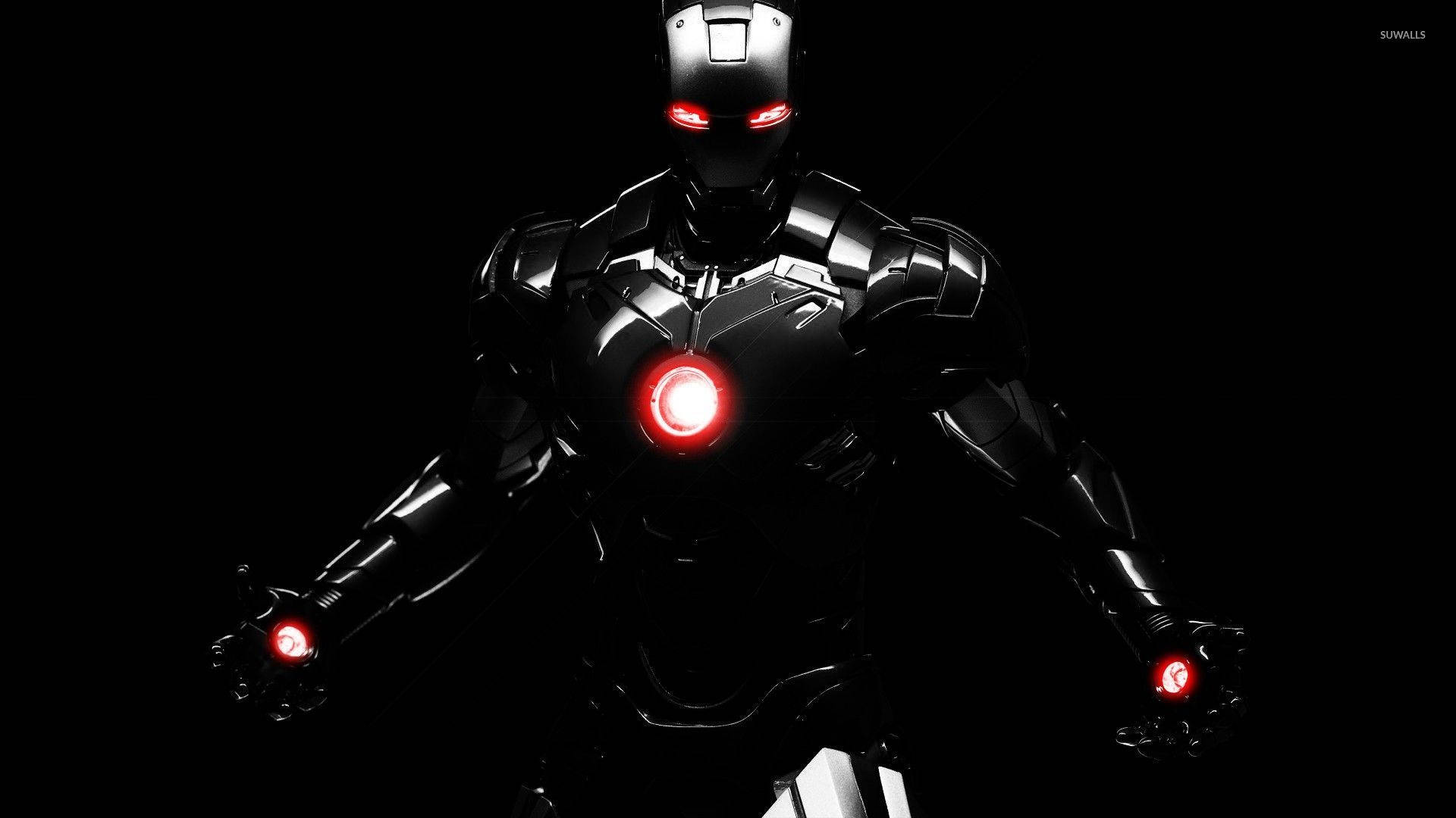 Iron Man, black armored superhero, glowing red eyes, Full HD Desktop Wallpaper