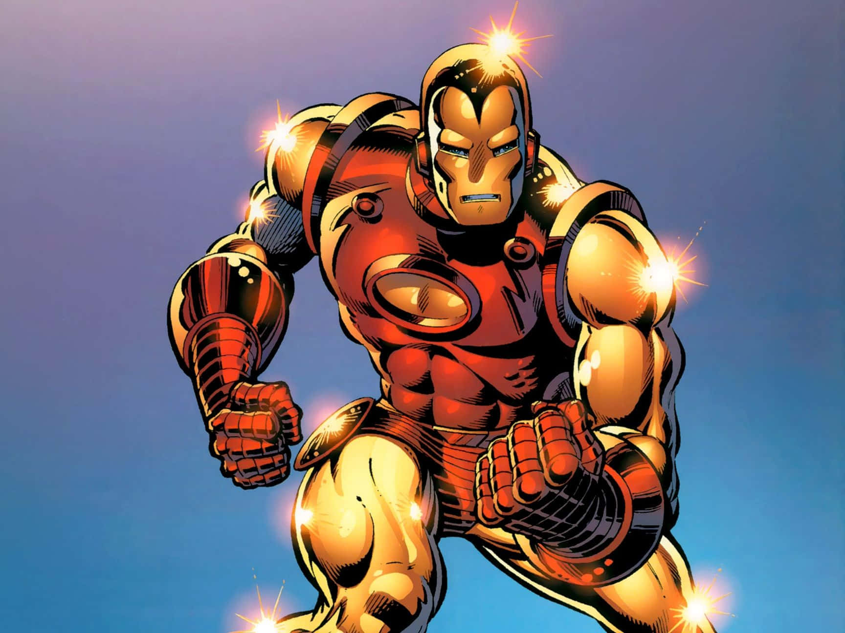 Iron Man, gold and red armor, gradient blue sky, HD Desktop Wallpaper