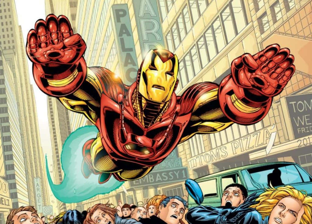 Iron Man, comic book pages, bustling city street, SD Desktop Wallpaper