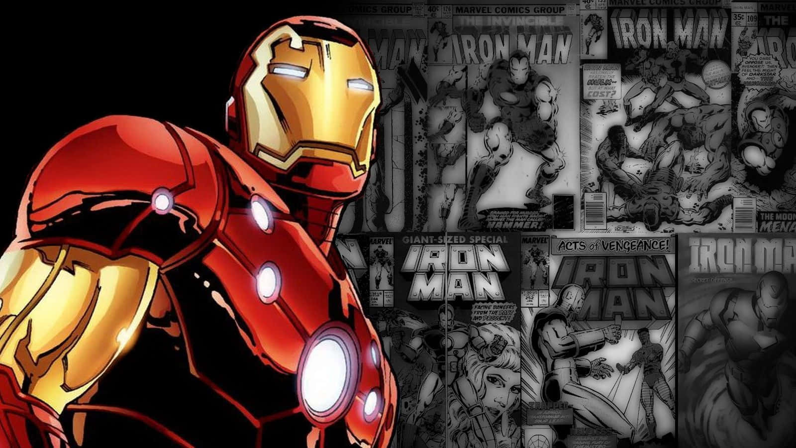 Iron Man, red and gold armor, black and white comic book panels, HD Desktop Wallpaper