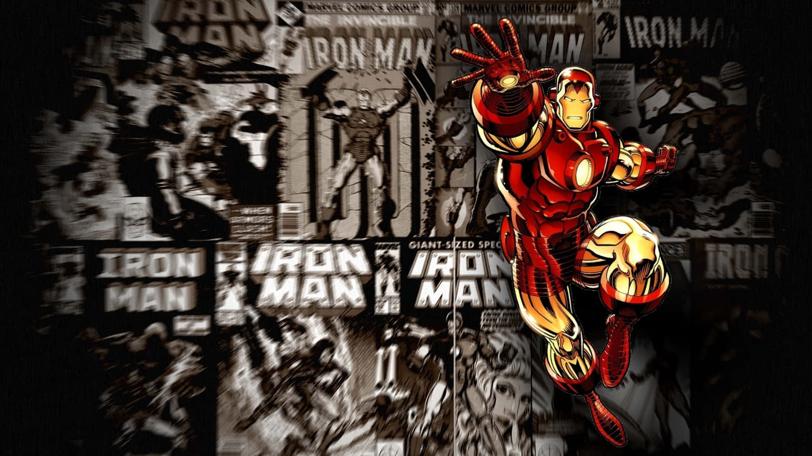 Iron Man, red gold armor, black and white comic book panels, HD Desktop Wallpaper