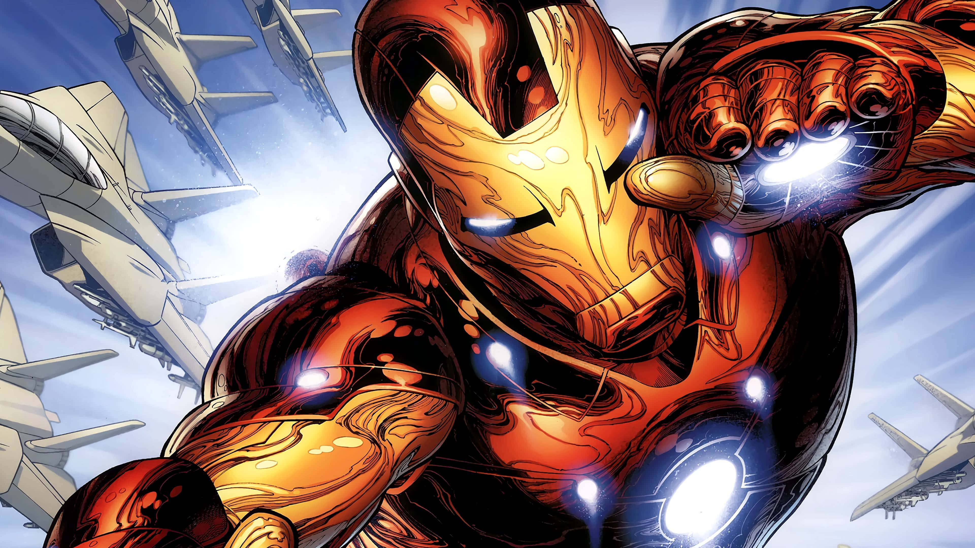 Iron Man, glowing red and gold armor, repulsor blasts, 4K Desktop Wallpaper