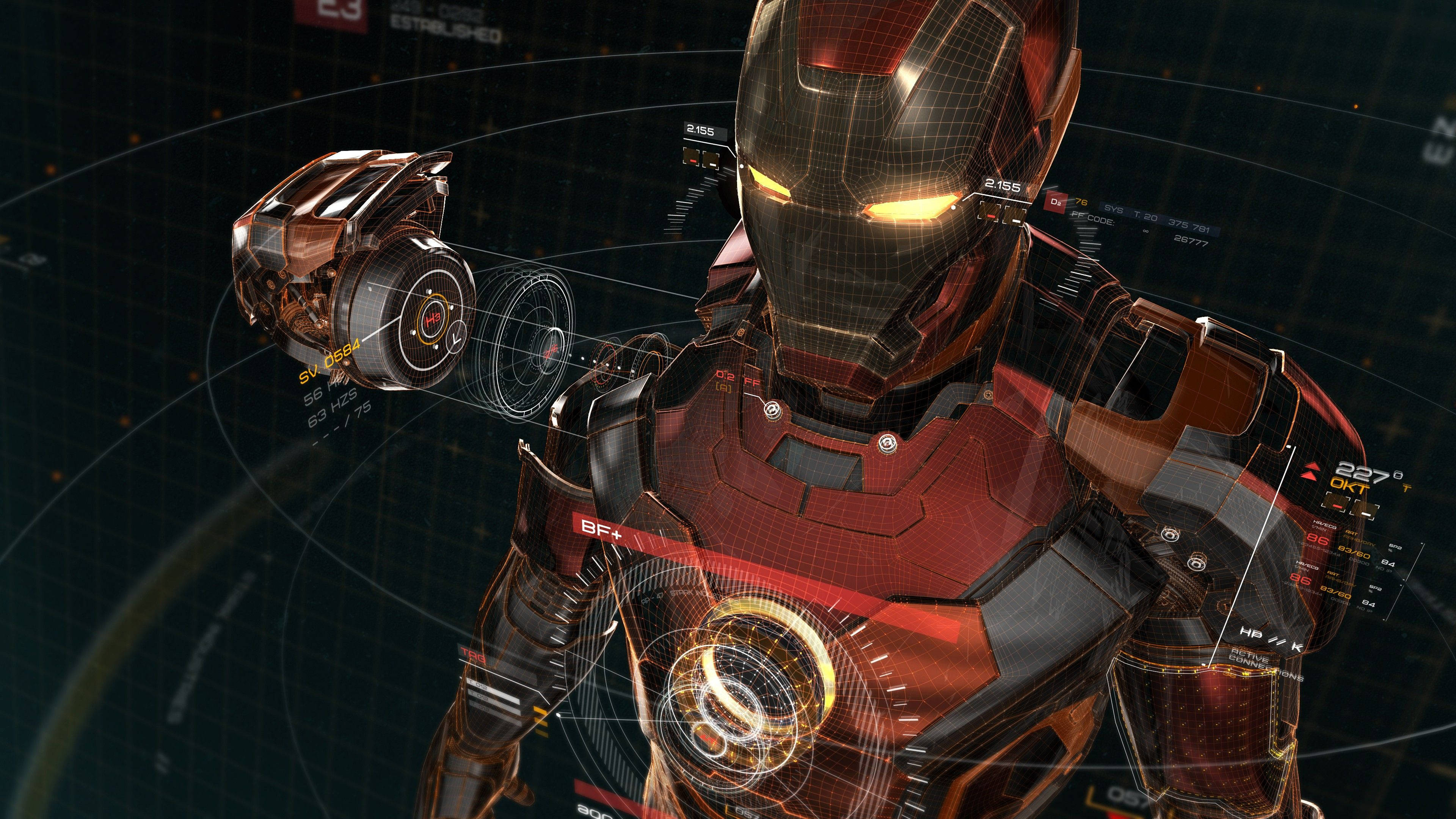 Iron Man, red and gold armor, holographic data streams, 4K Desktop Wallpaper