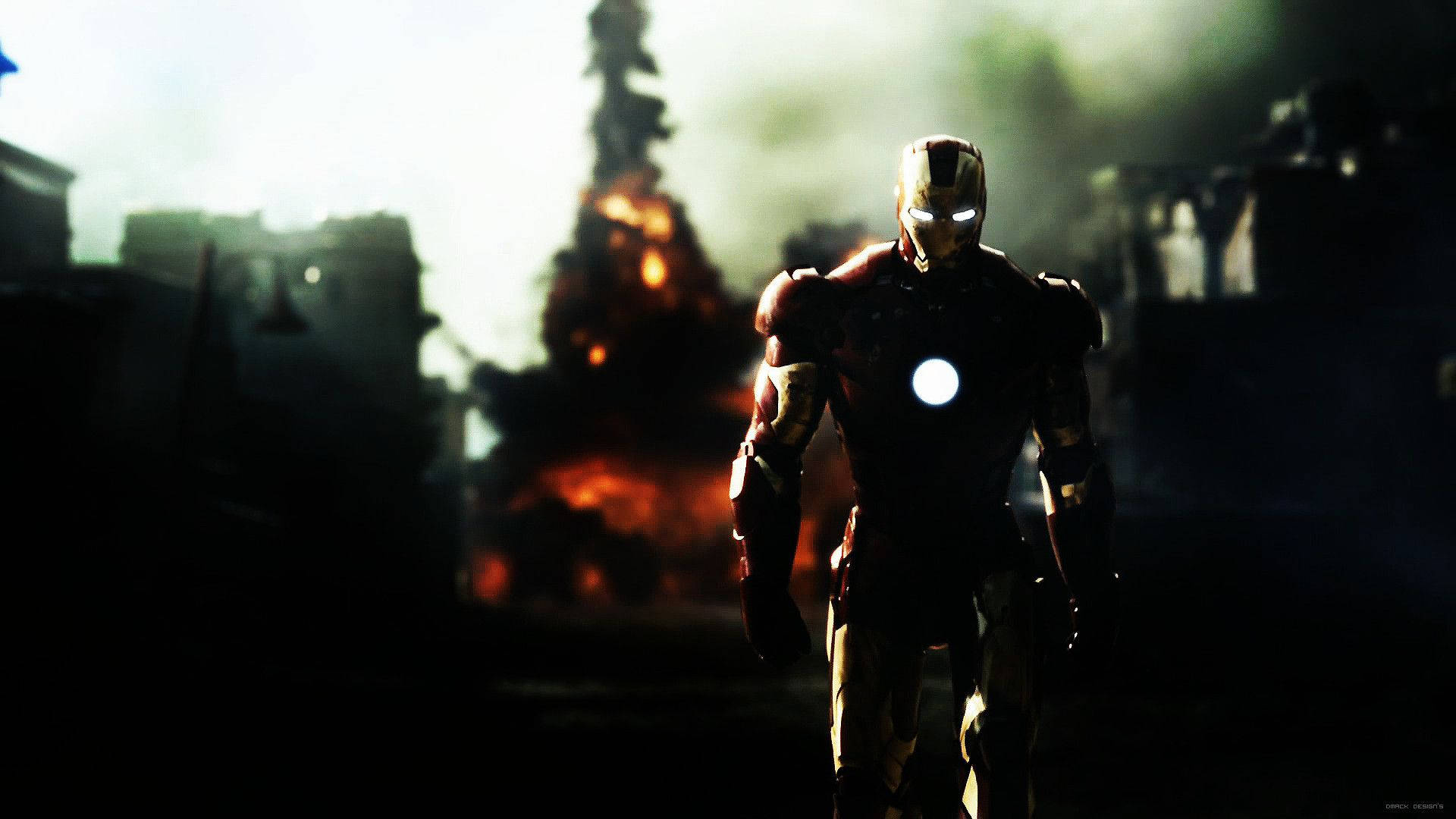 Iron Man, fiery explosions, smoky ruined cityscape, Full HD Desktop Wallpaper