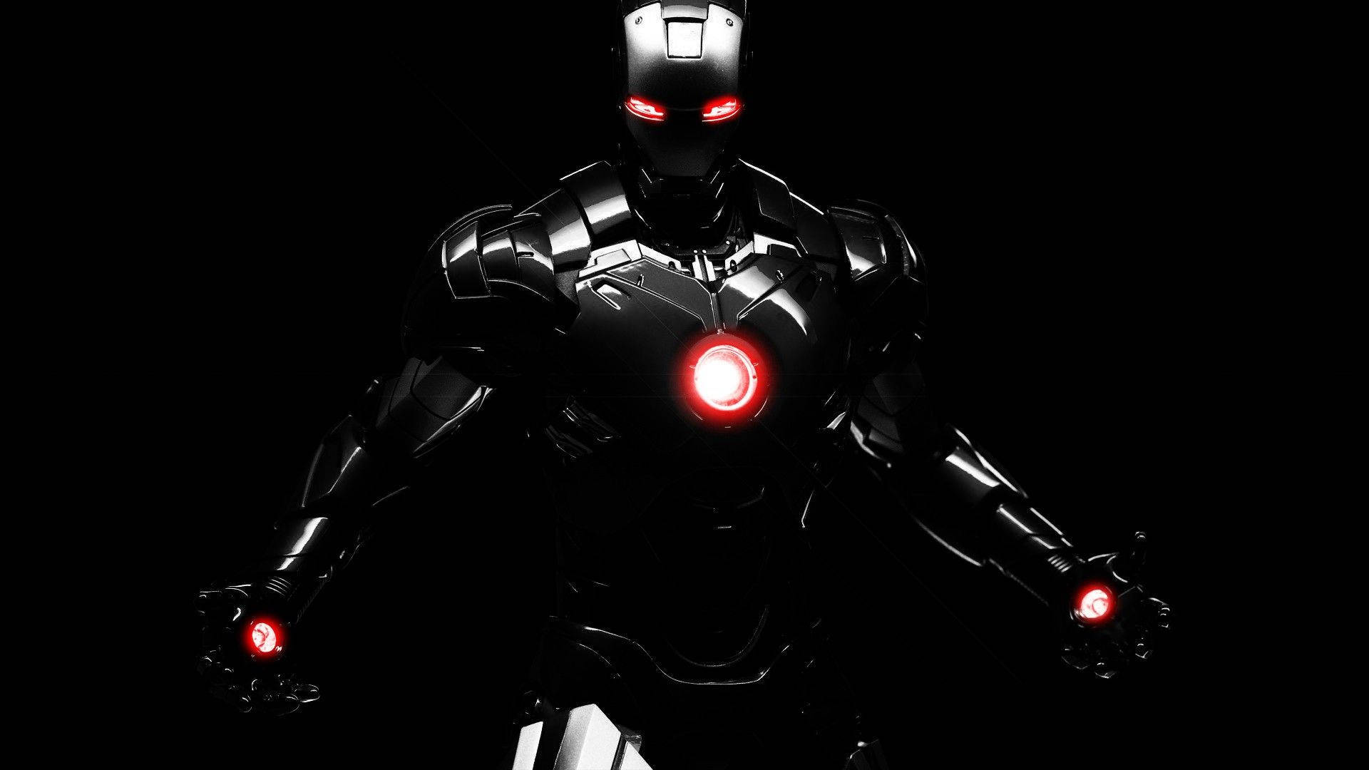 Iron Man, black armored suit, glowing red eyes, Full HD Desktop Wallpaper