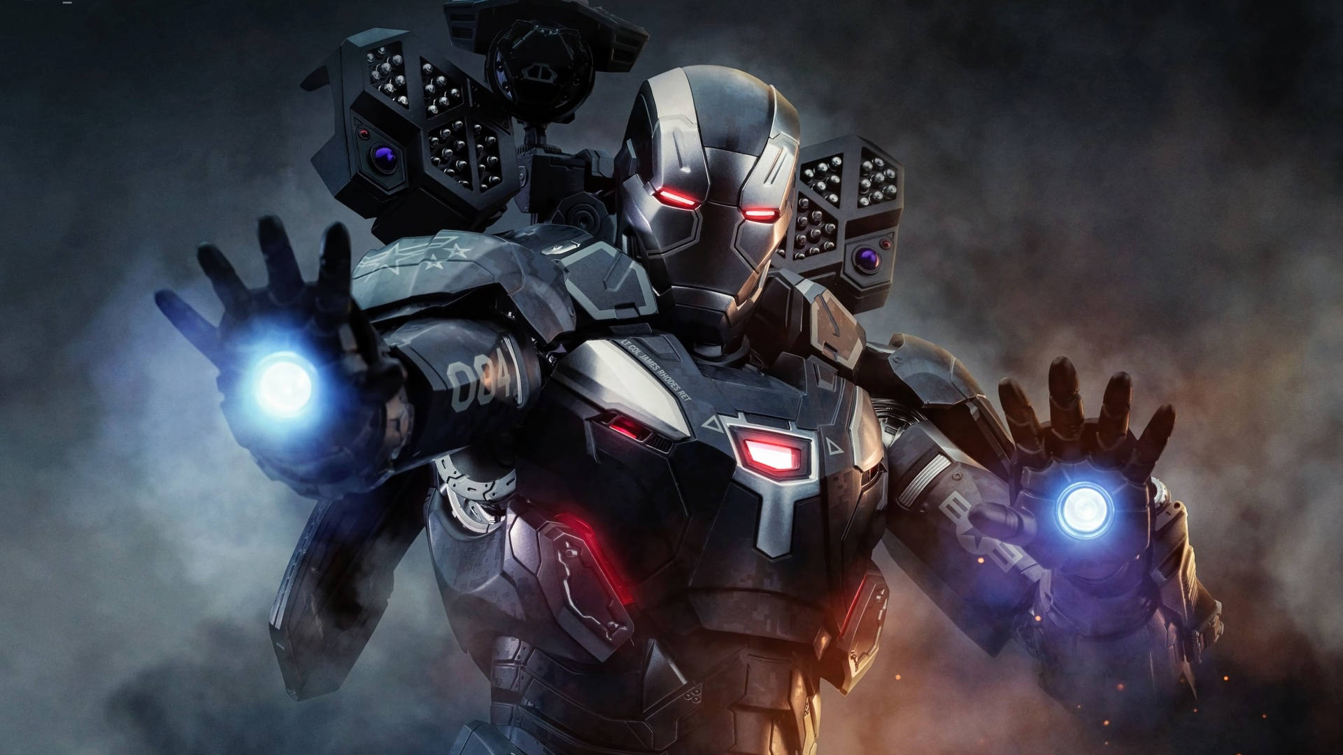 Black Iron Man, glowing red eyes, blue repulsor hands, Full HD Desktop Wallpaper