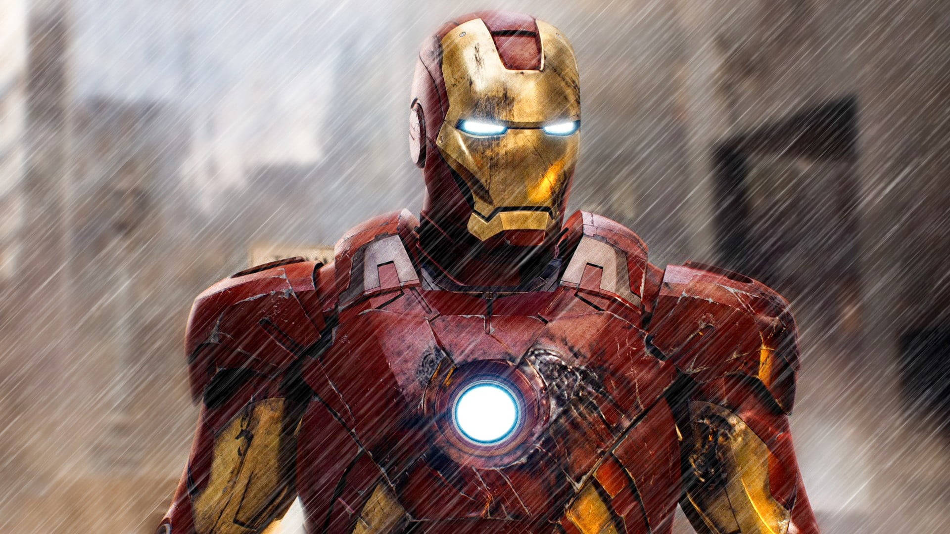 Iron Man, rain-soaked cityscape, arc reactor, Full HD Desktop Wallpaper