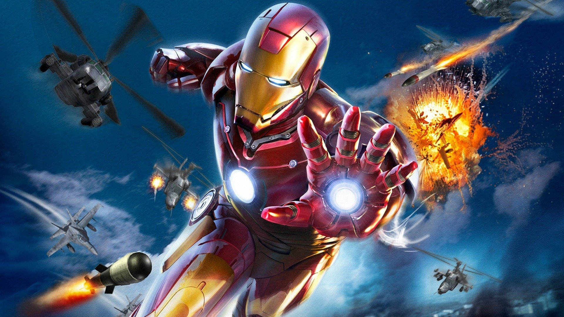 Iron Man, stormy sky, explosions, Full HD Desktop Wallpaper