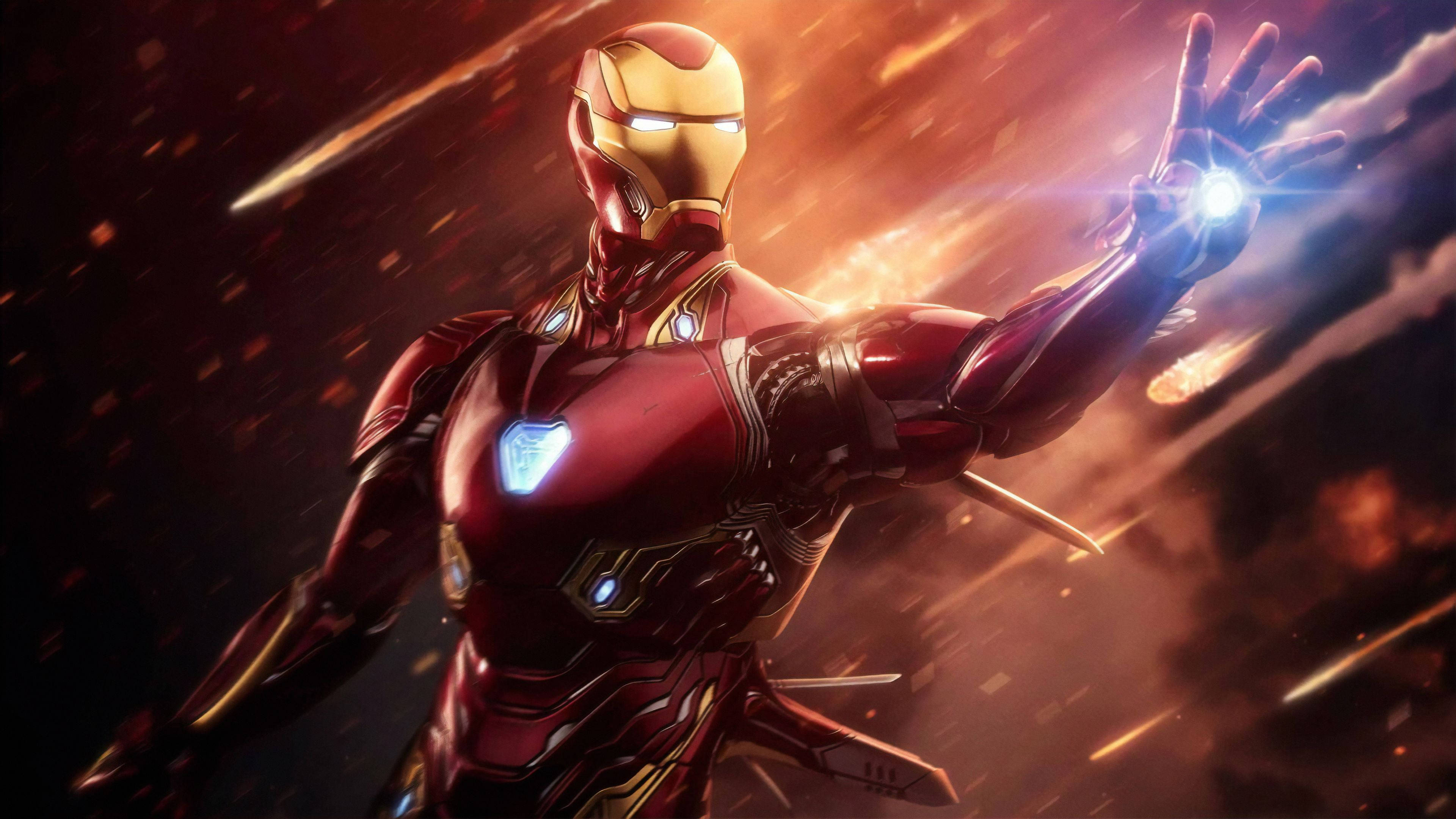 Iron Man, red gold armor, glowing repulsor blast, 4K Desktop Wallpaper