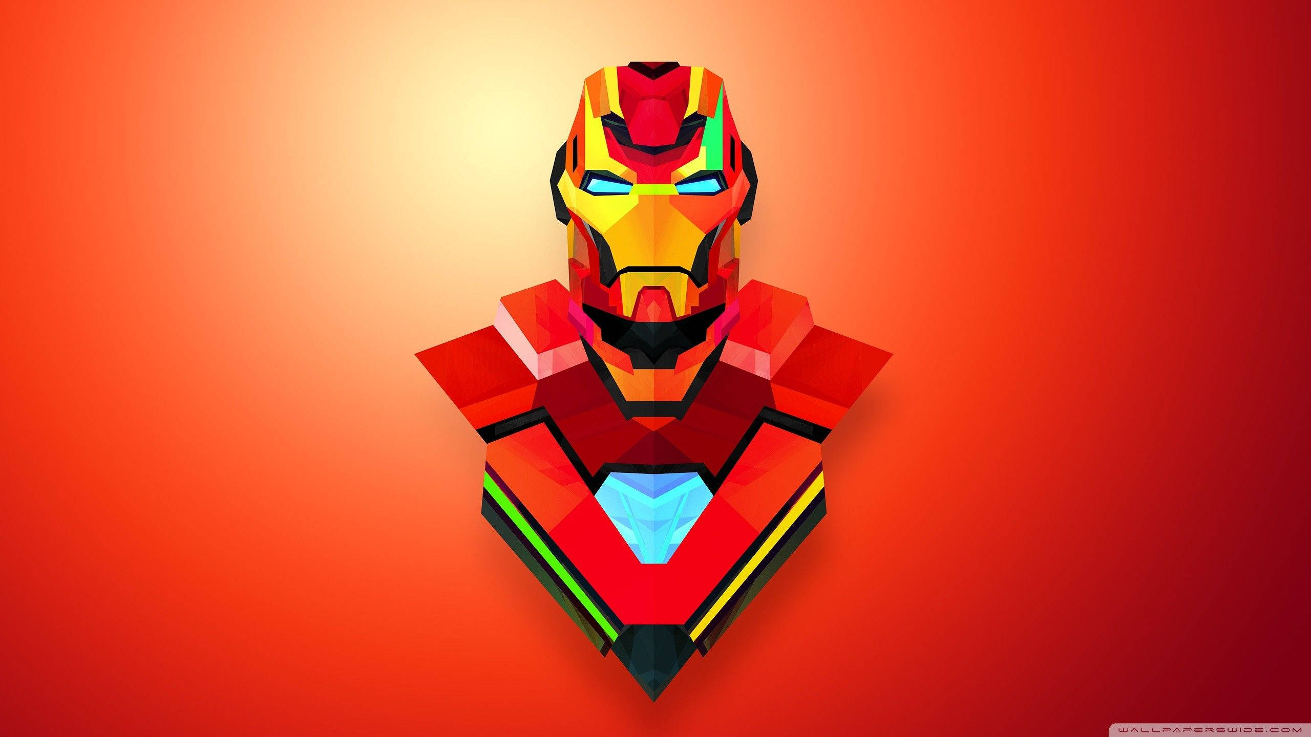 Iron Man, low-poly, glowing blue eyes, 2K Desktop Wallpaper