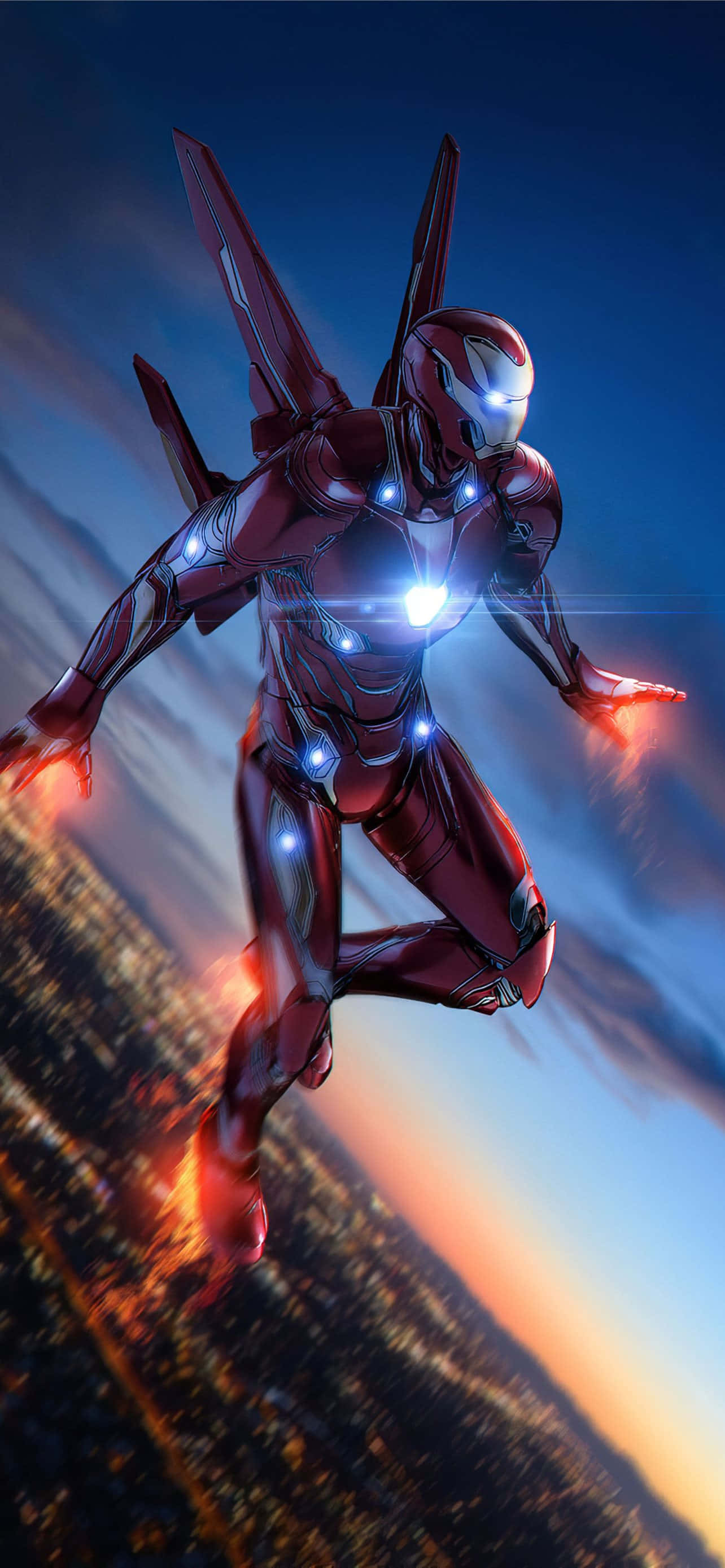 Iron Man, glowing cityscape, dusk, 2K Phone Wallpaper