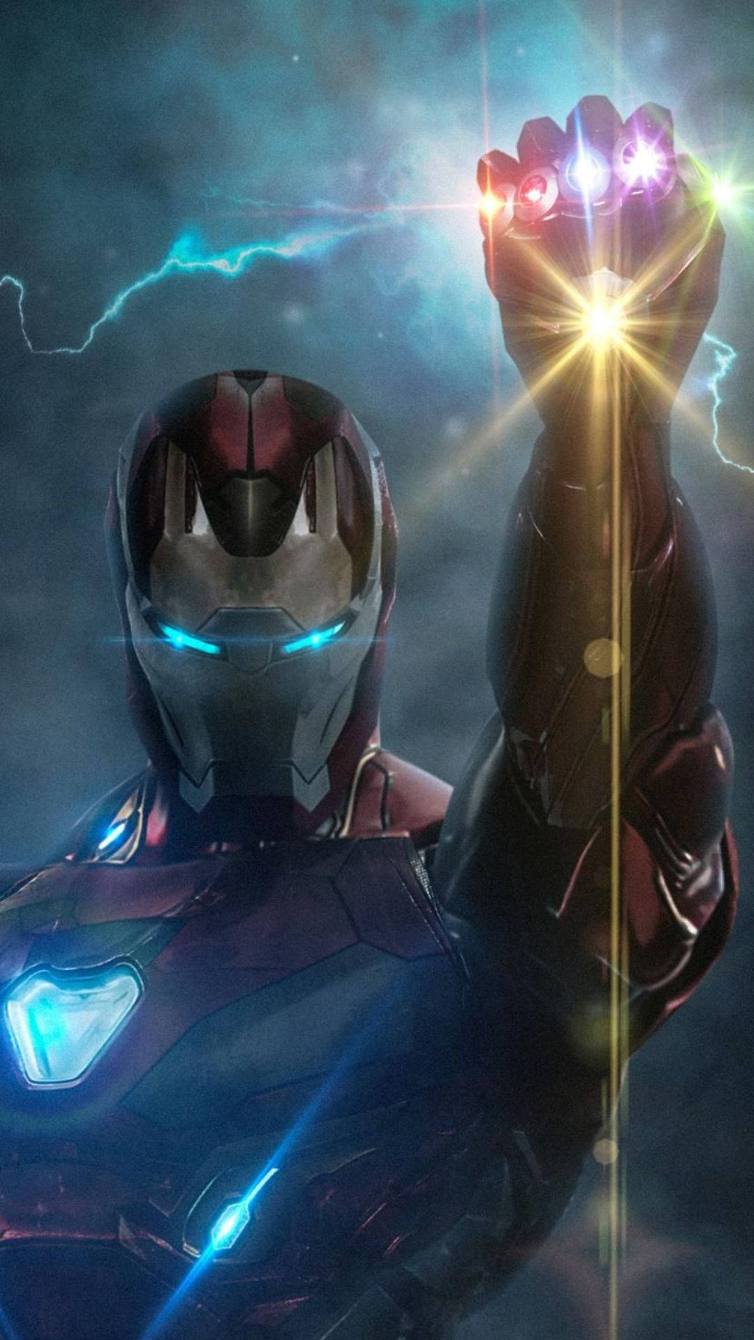 Iron Man, red and gold armor, glowing Infinity Gauntlet, Full HD Phone Wallpaper