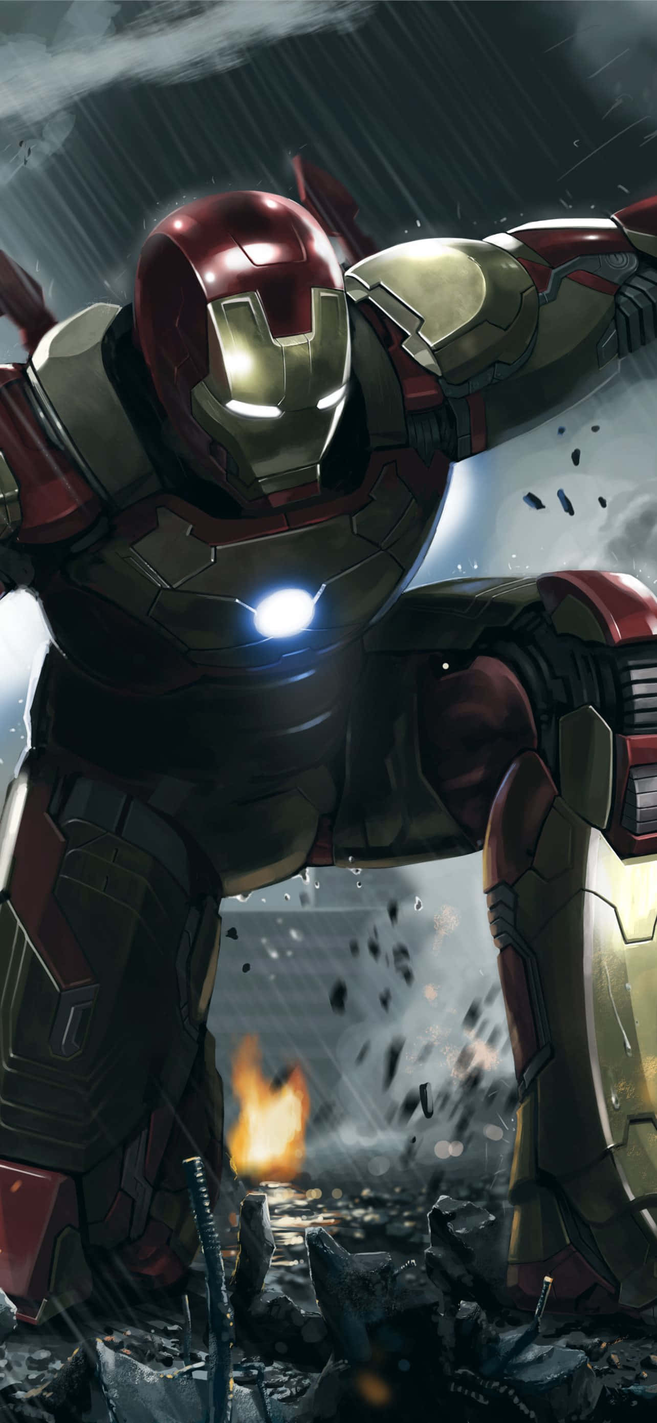 Iron Man, arc reactor, rain-soaked battlefield, 2K Phone Wallpaper