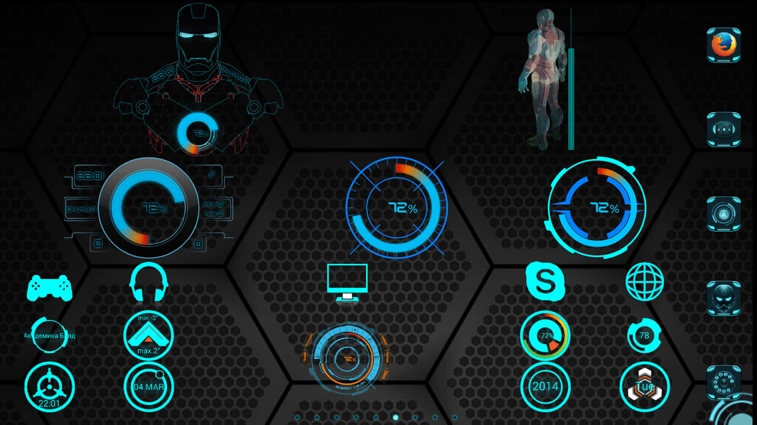 Iron Man Jarvis Desktop, hexagonal dashboard, glowing blue holographic stats, HD Desktop Wallpaper