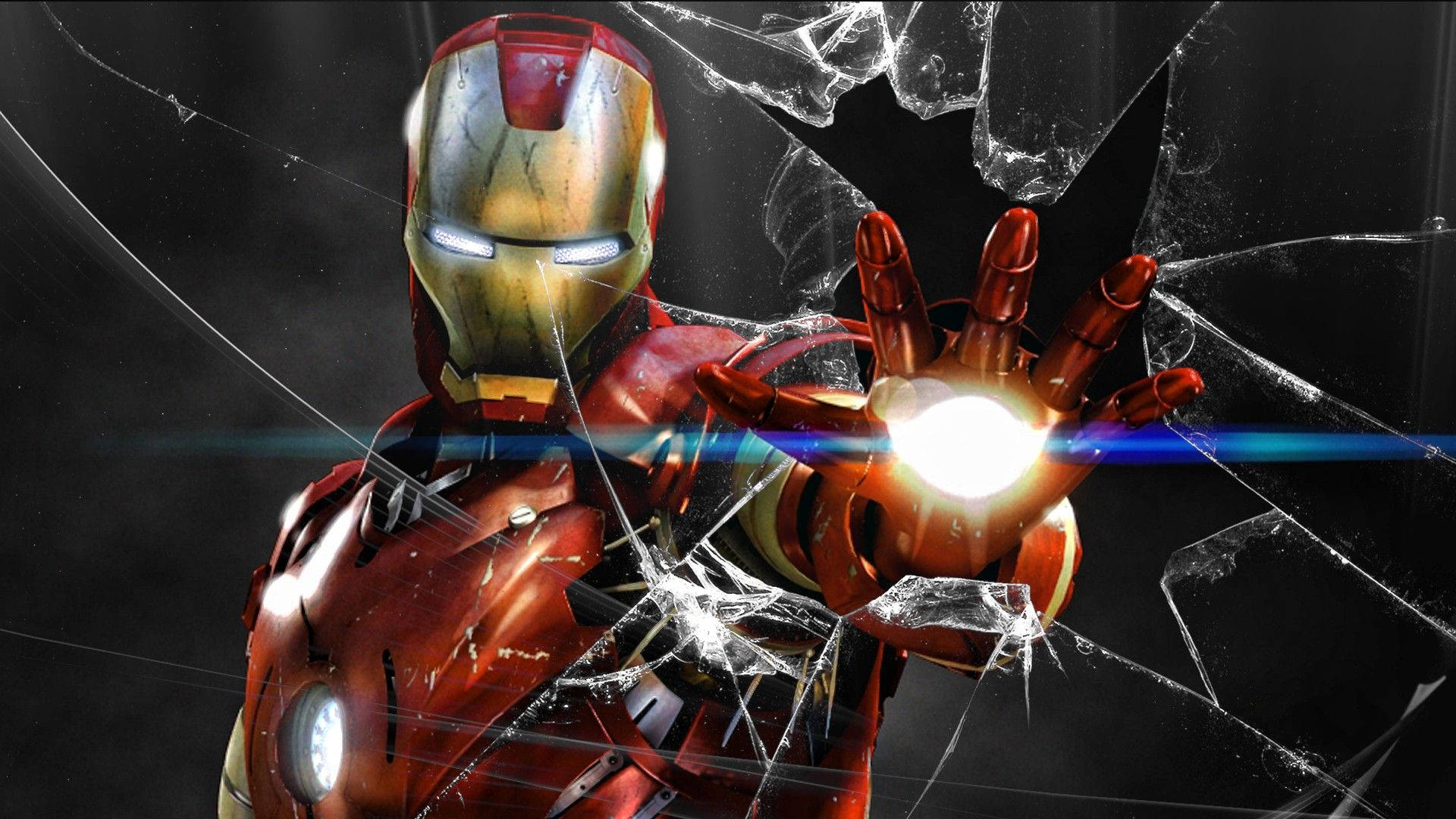 Iron Man, shattered glass, repulsor blast, Full HD Desktop Wallpaper