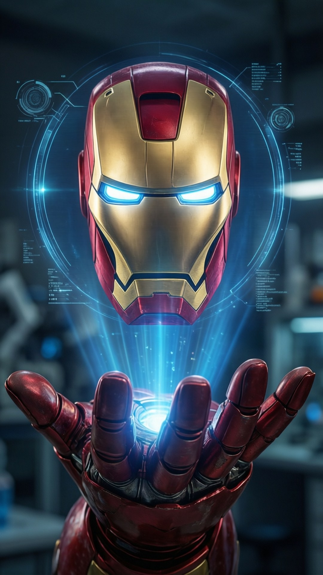 Iron Man, glowing blue eyes, repulsor hand, Full HD Phone Wallpaper