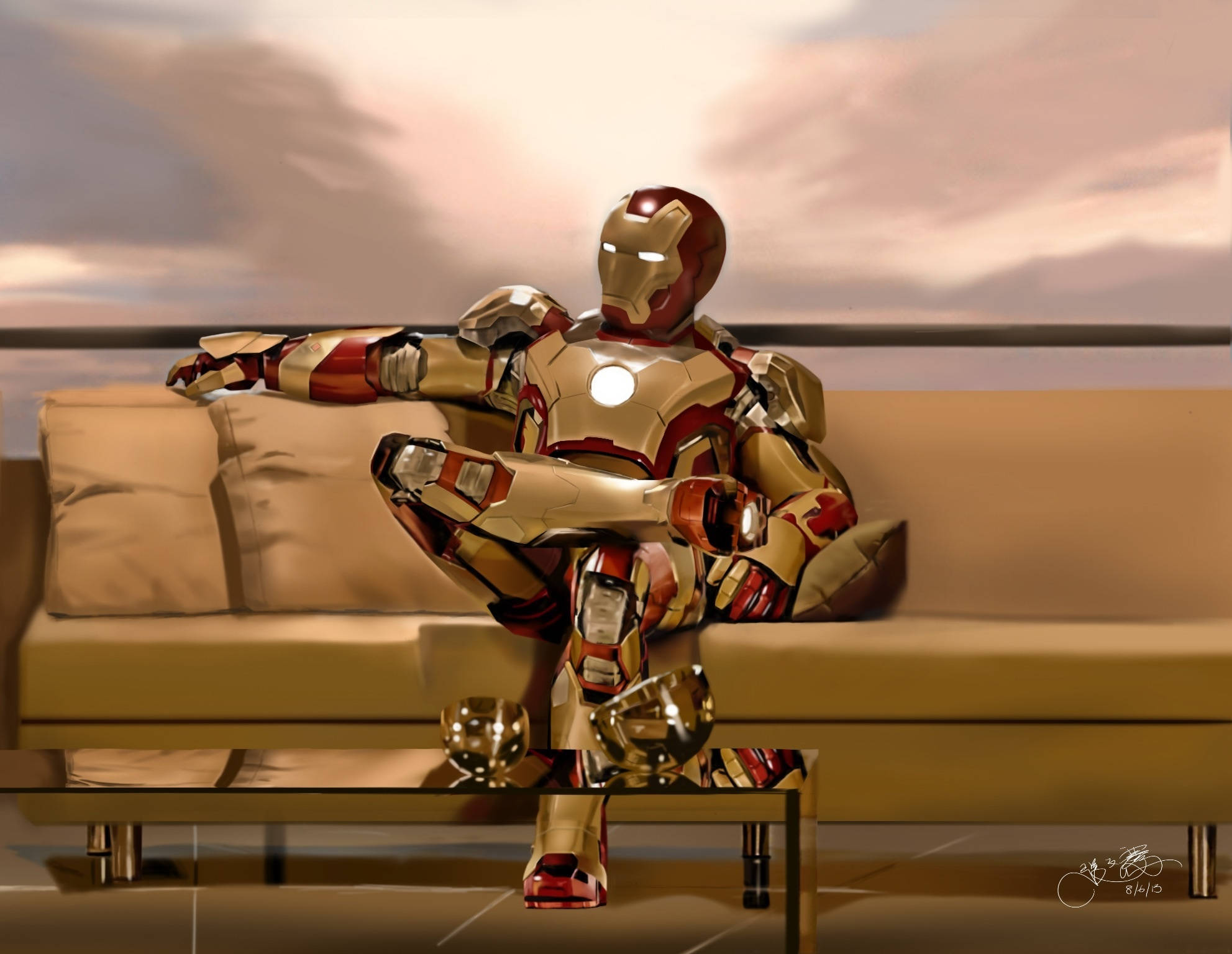 Iron Man, gold and red armor, beige sofa, Full HD Desktop Wallpaper