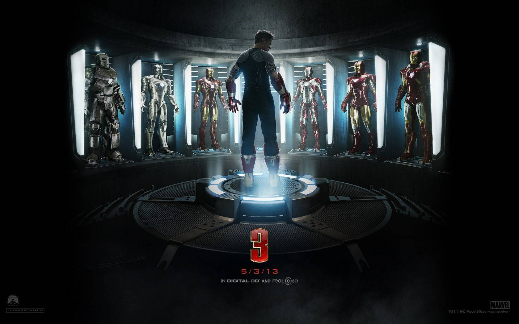 Iron Man suit, glowing platform, circular display, HD Desktop Wallpaper