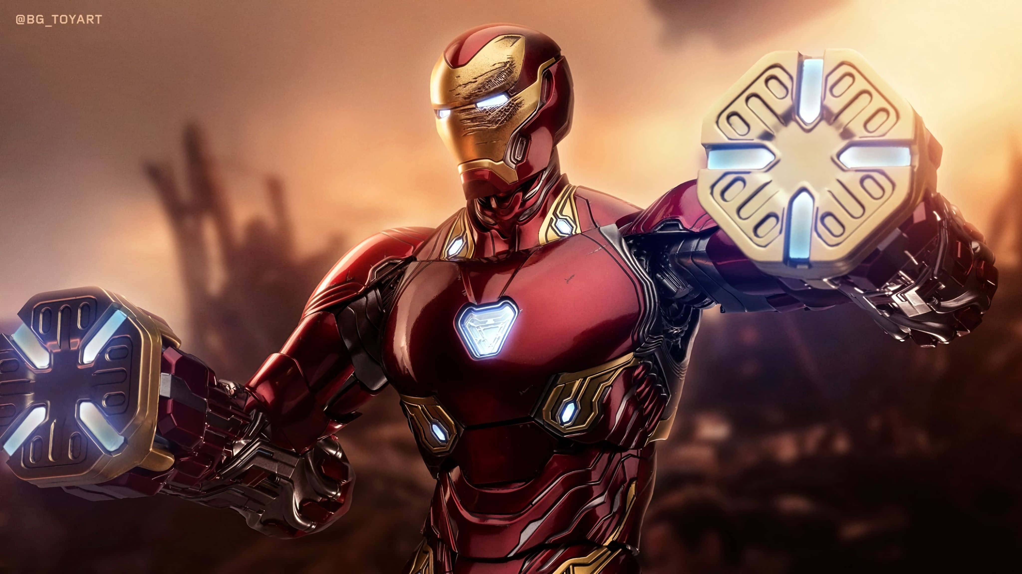 Iron Man, repulsor gauntlets, smoky battlefield backdrop, 4K Desktop Wallpaper