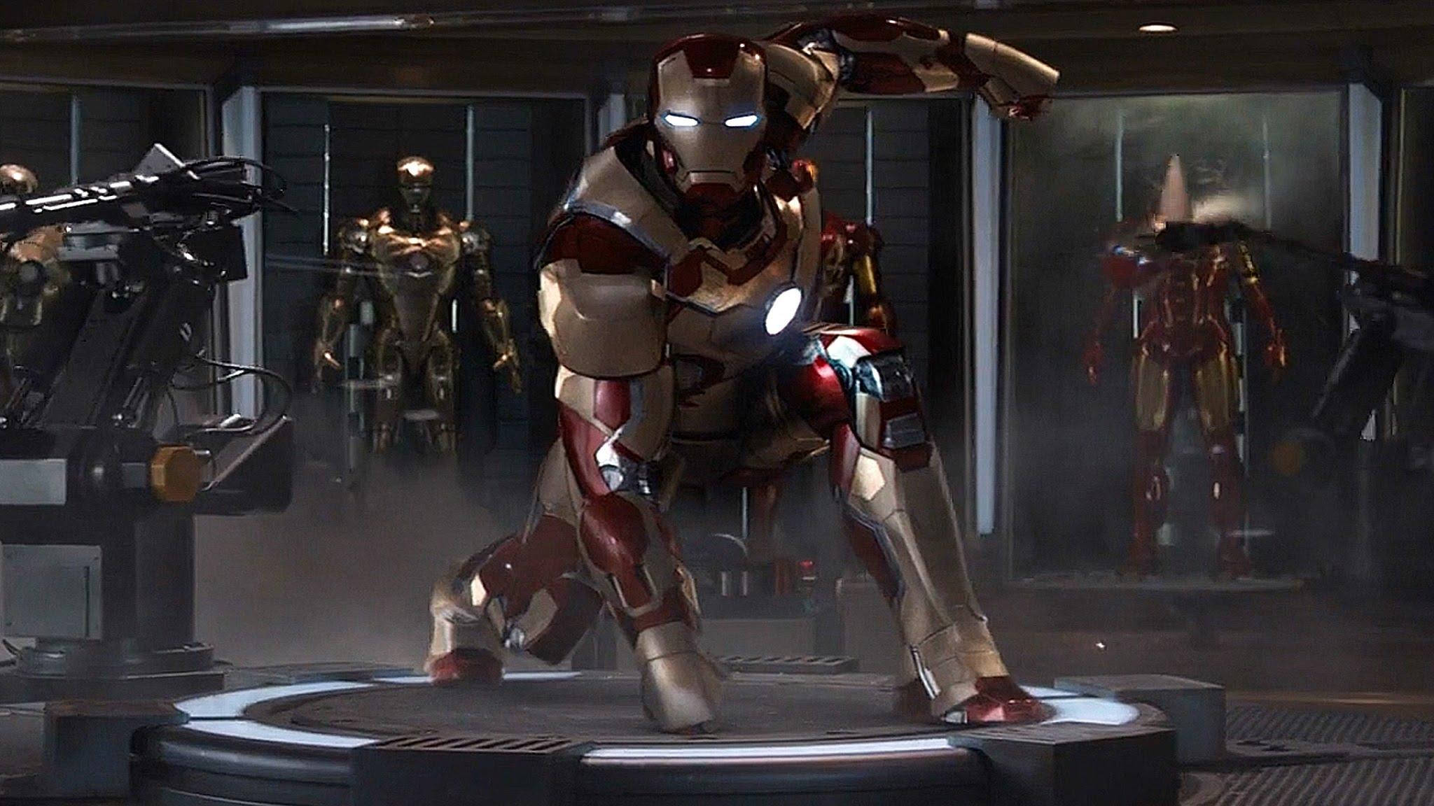 Iron Man Mark 3, red gold armor, circular platform, Full HD Desktop Wallpaper